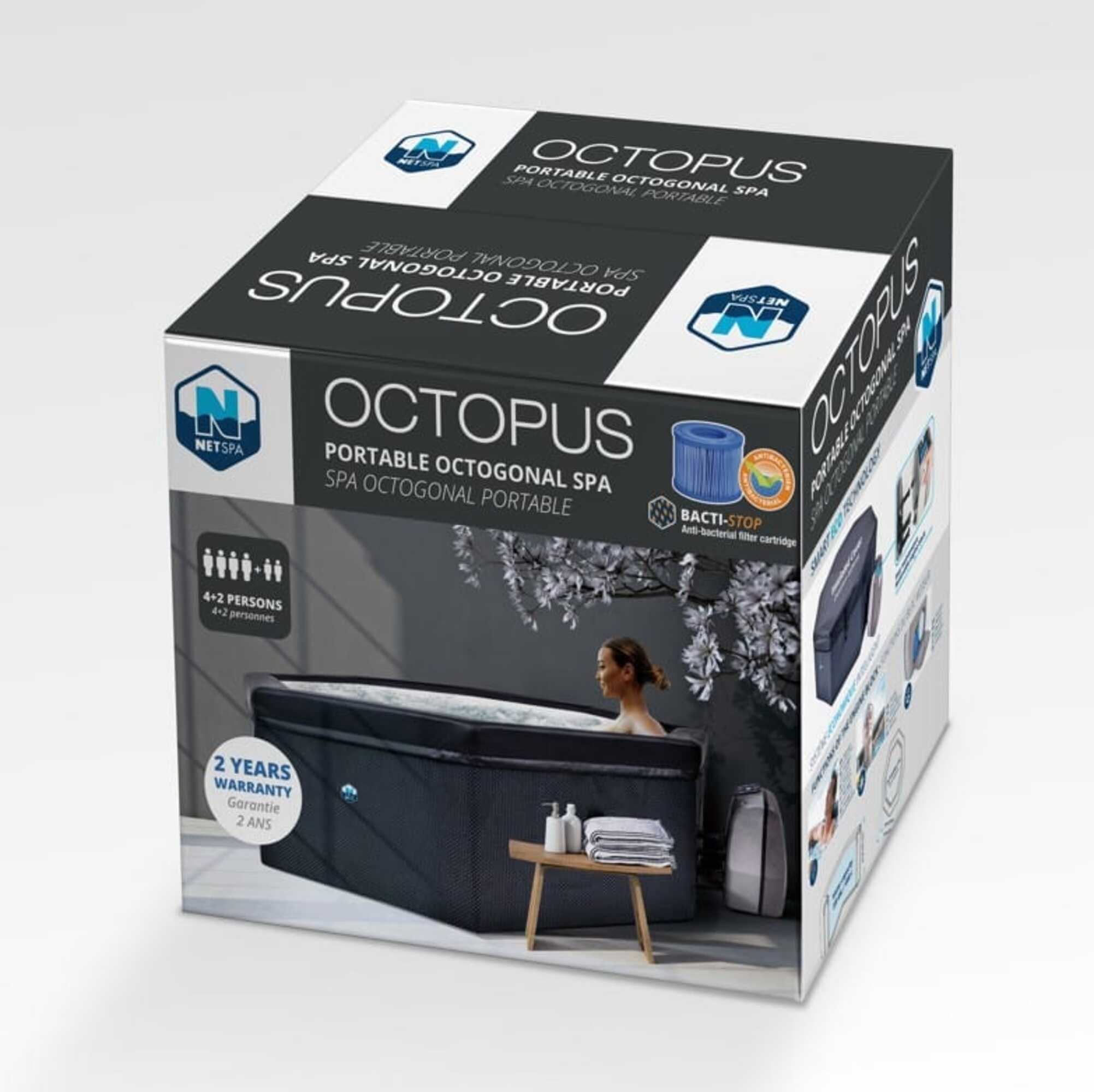 Caja de spa octogonal portátil Octopus con imagen de spa y detalles del producto.