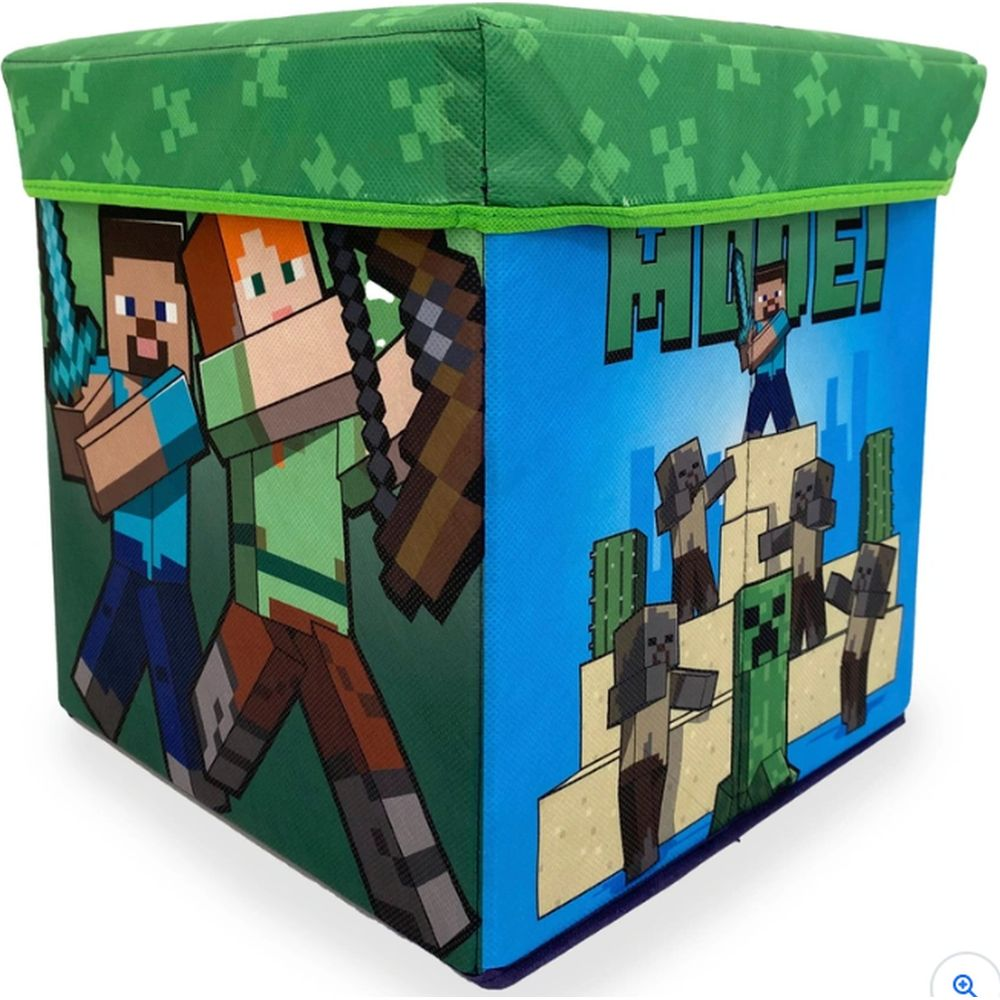 Minecraft-Aufbewahrungsbox mit Steve, Alex und Monstern auf blauem Hintergrund.
