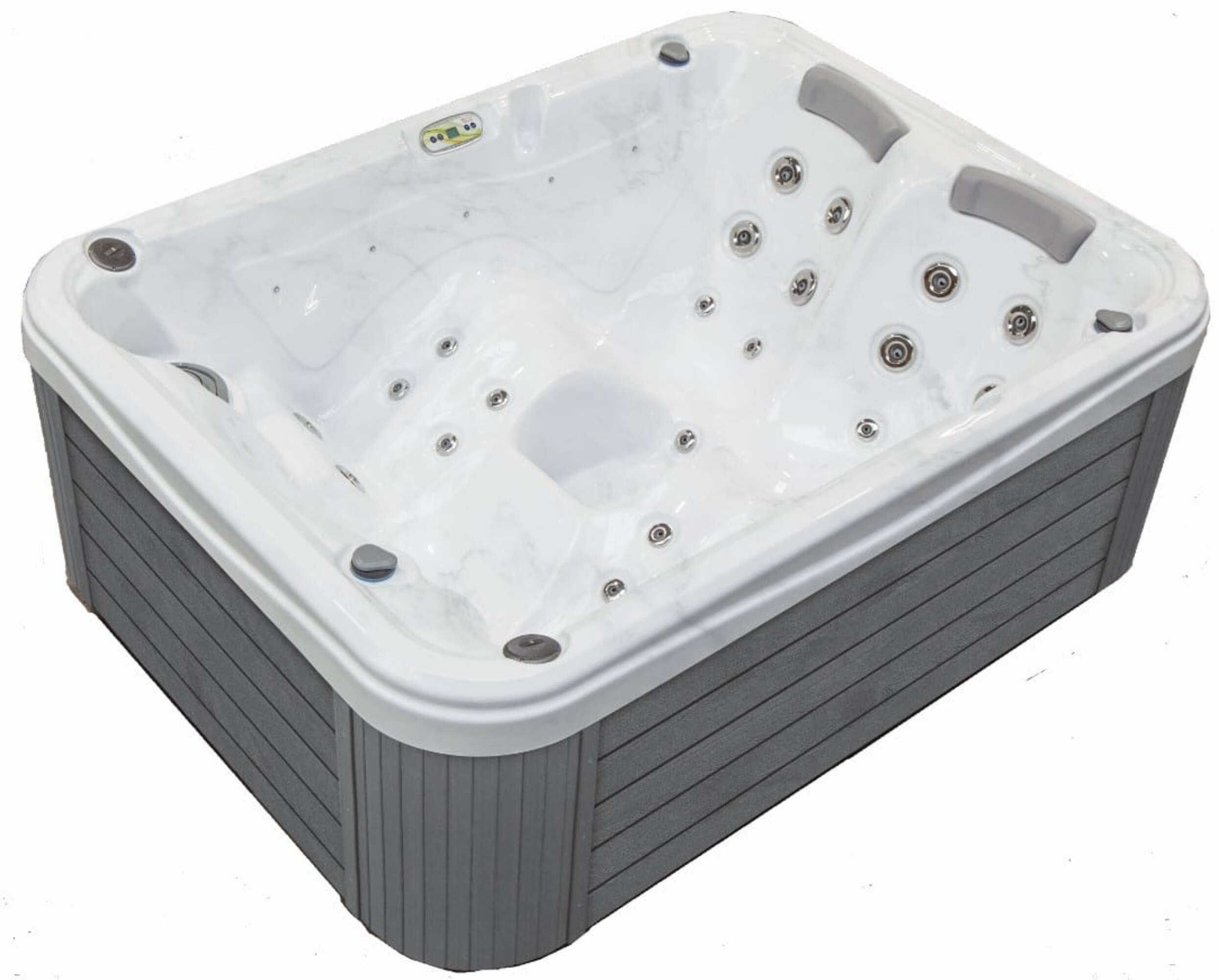 Un jacuzzi blanco con revestimiento gris y mñltiples chorros.