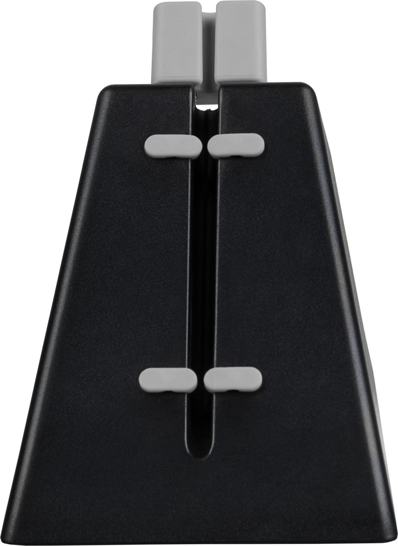 Un oggetto nero a forma trapezoidale con due anelli grigi in alto e due anelli grigi sui lati.
