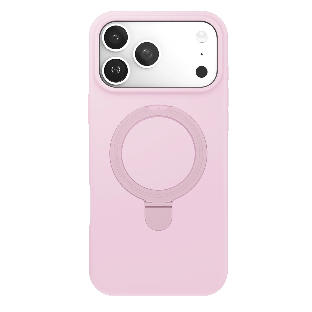 Halka tutuculu ve lensli pembe telefon kılıfı.