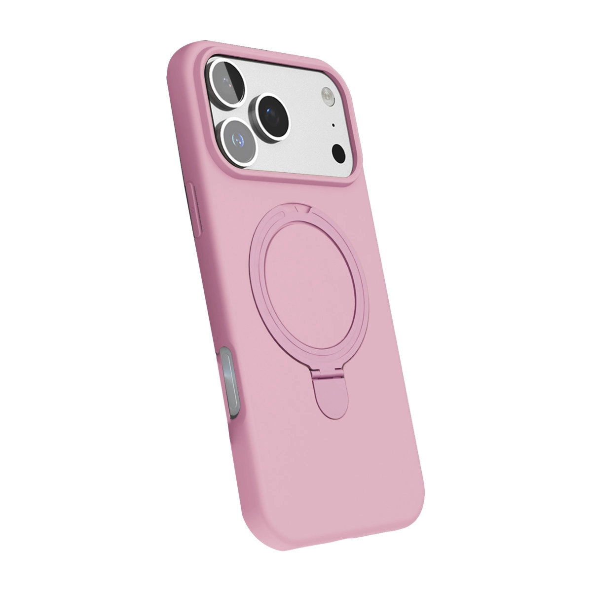 Halka tutuculu ve üçlü kameralı pembe telefon kılıfı.