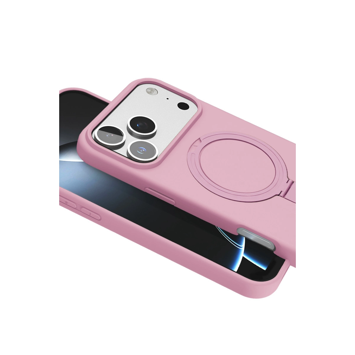 Halka tutuculu ve kamera modüllü pembe telefon kılıfı.