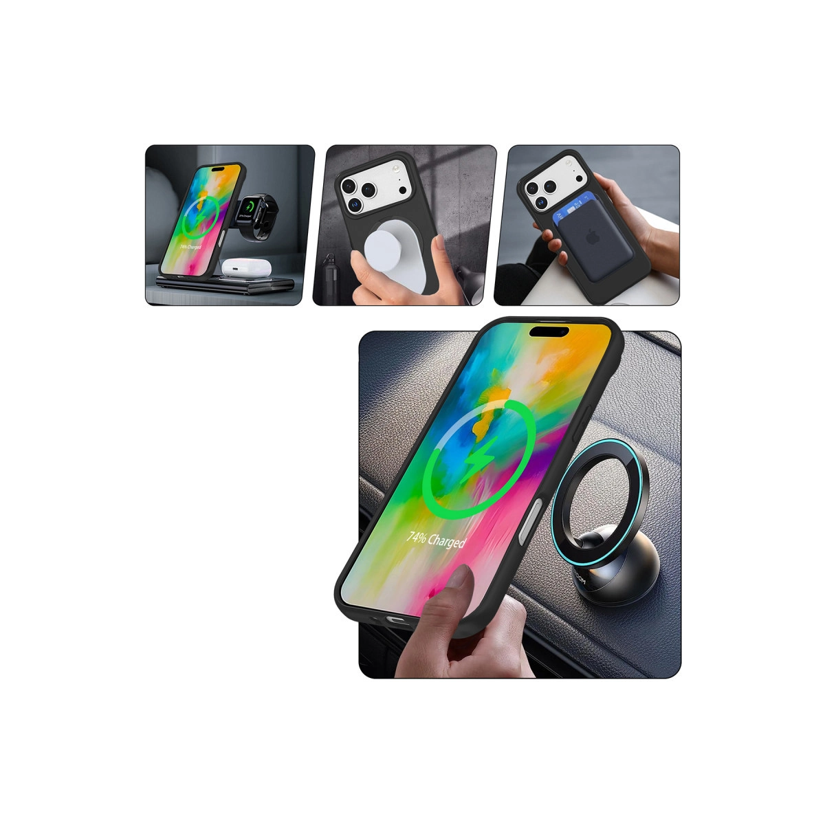 Kolaj, şarj olan bir iPhone, tutucu ve aksesuarları gösteriyor.