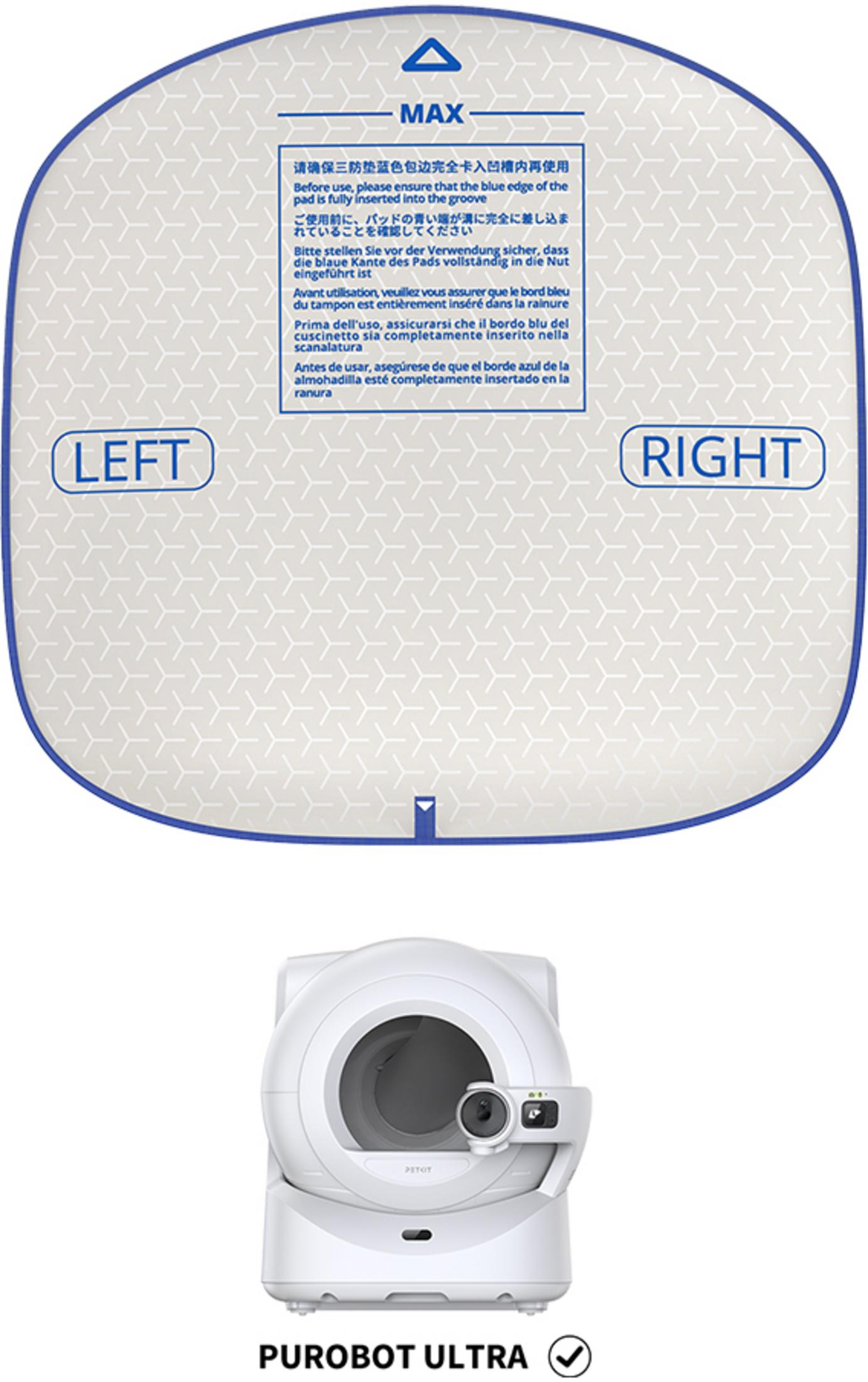 Etiketlerinde "LEFT" ve "RIGHT" yazan beyaz otomatik kedi tuvaleti.