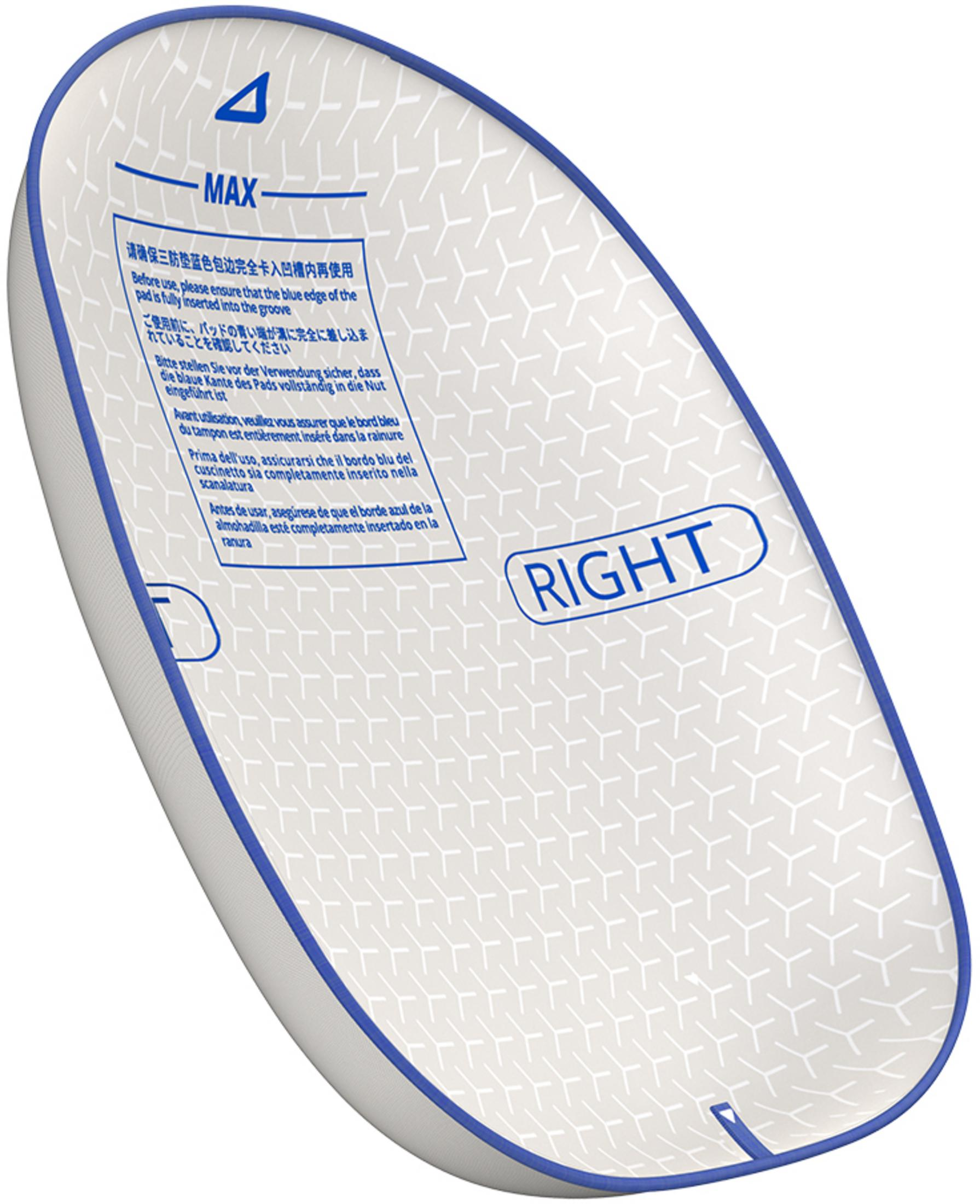 Mavi kenarlı, desenli ve "RIGHT" yazılı oval ped.