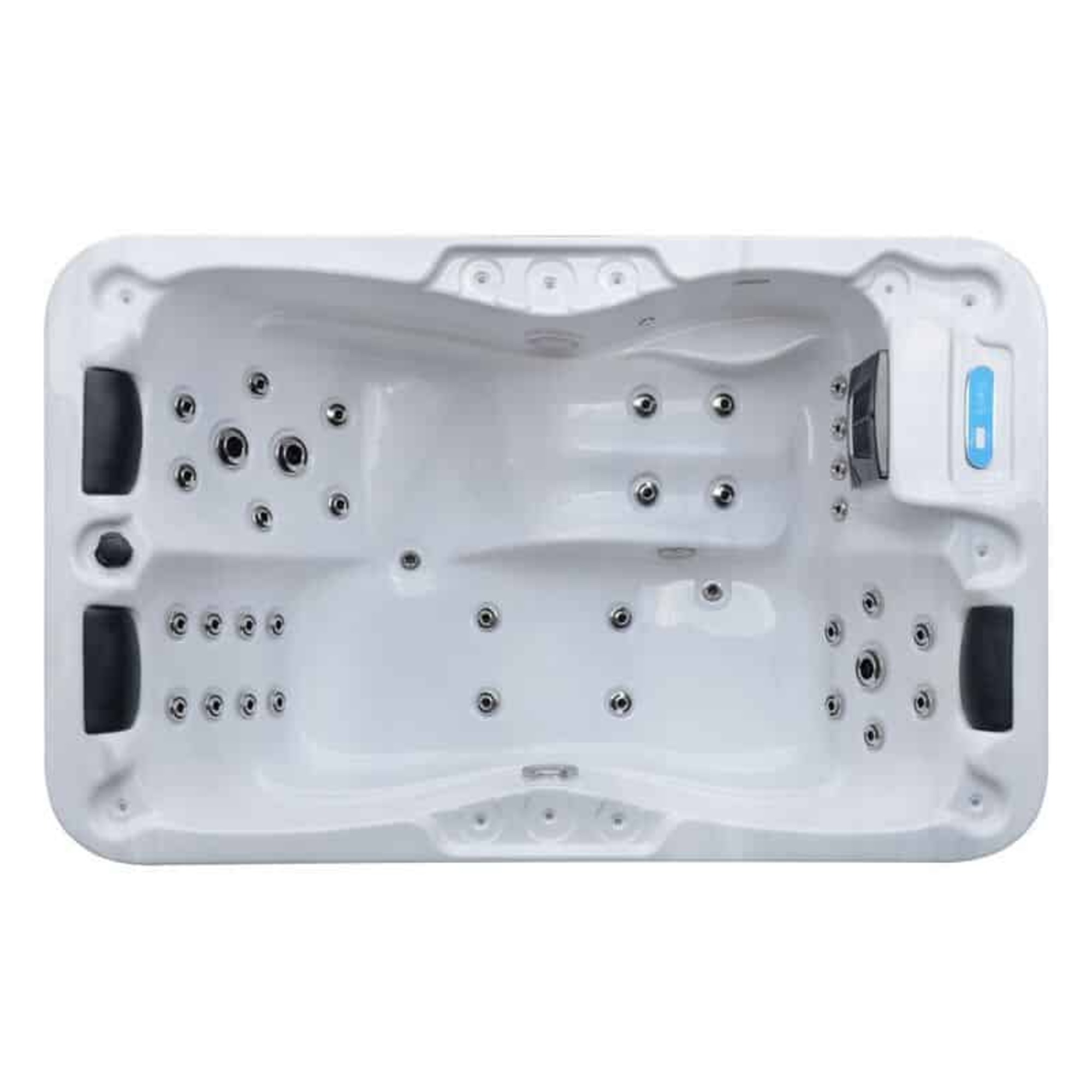 Un jacuzzi blanco con chorros, asas negras y un panel de control azul.