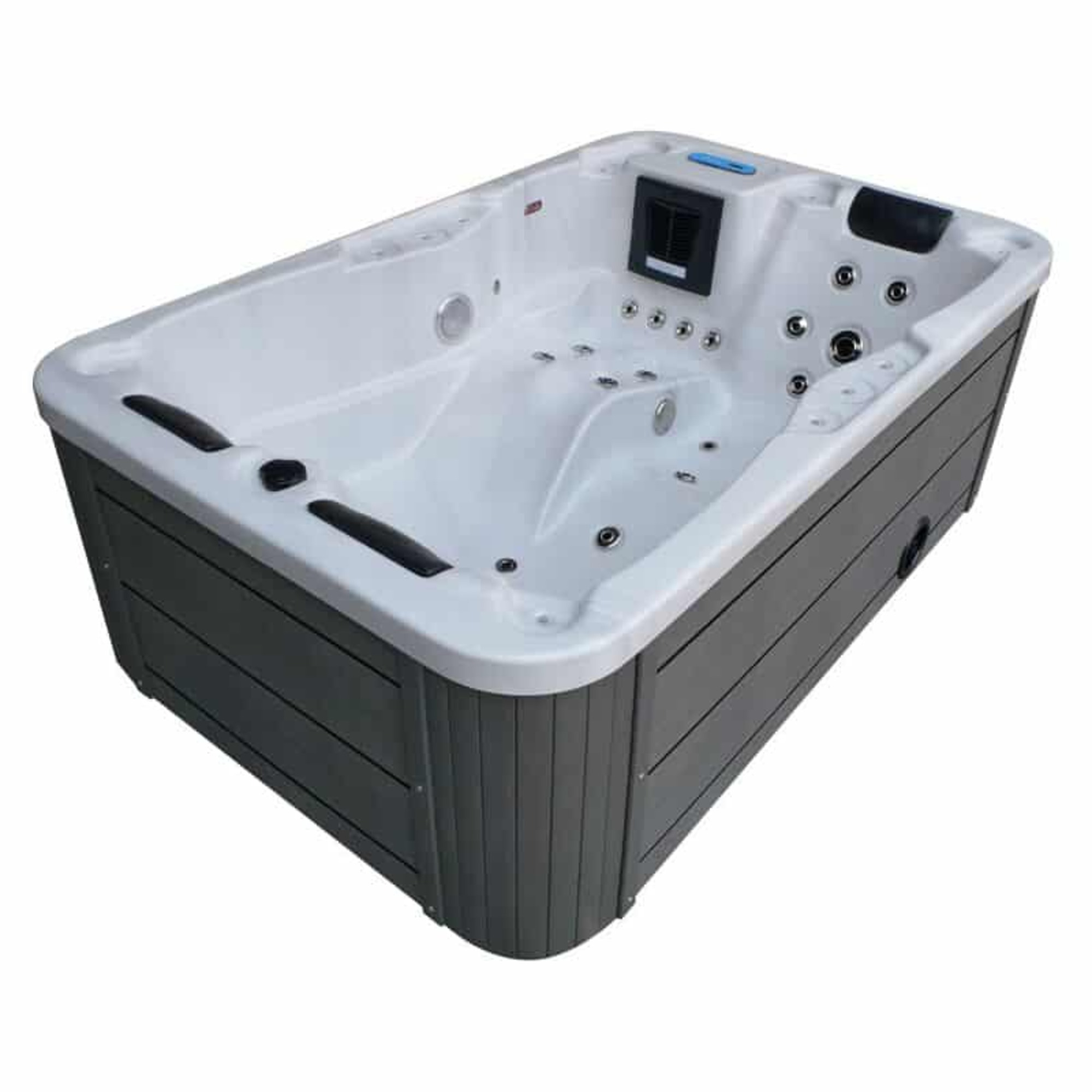 Un jacuzzi blanco con laterales oscuros y mñltiples chorros.