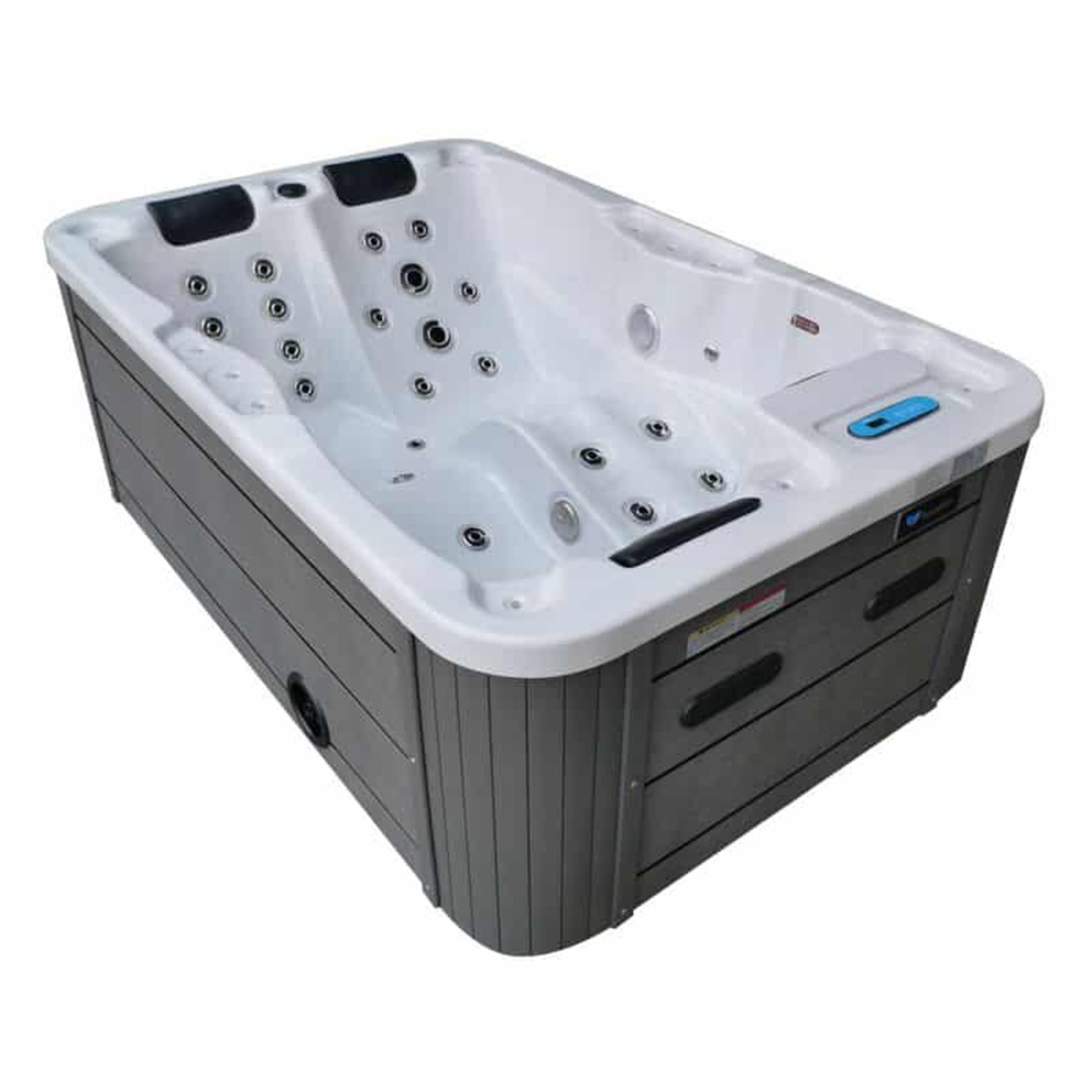 Un jacuzzi blanco con laterales grises y chorros.