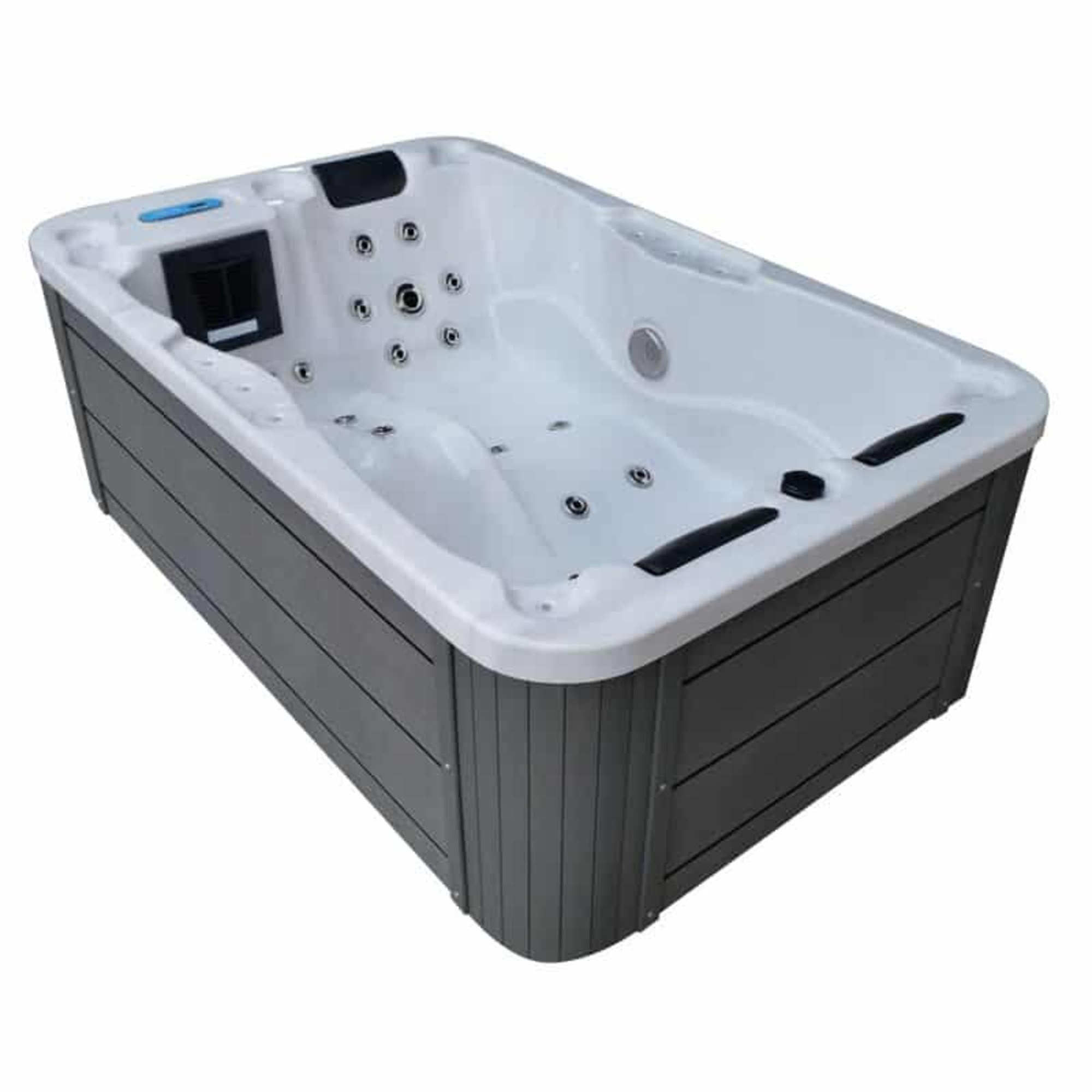 Un jacuzzi blanco con revestimiento gris y múltiples chorros.