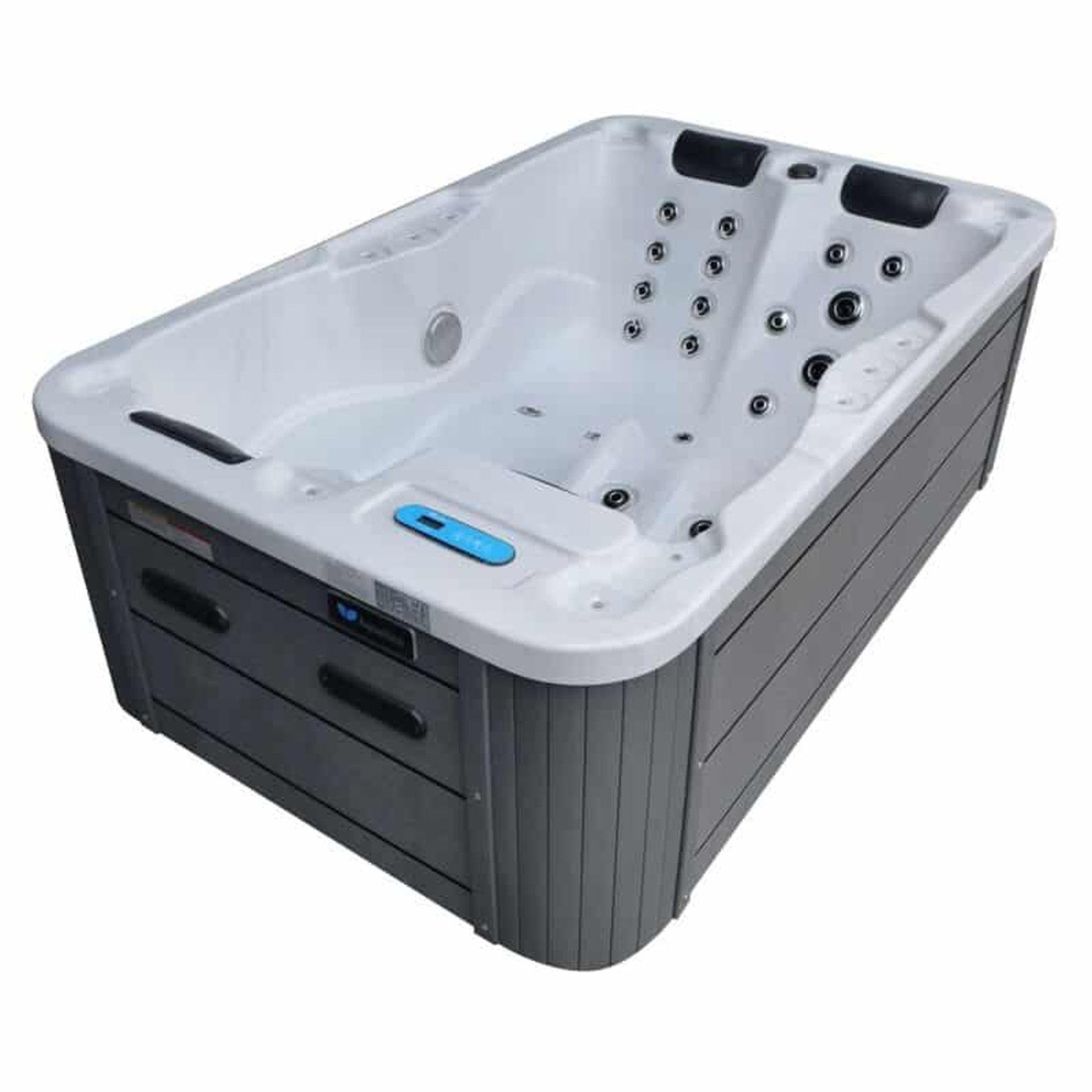 Un jacuzzi moderno con exterior gris e interior blanco.