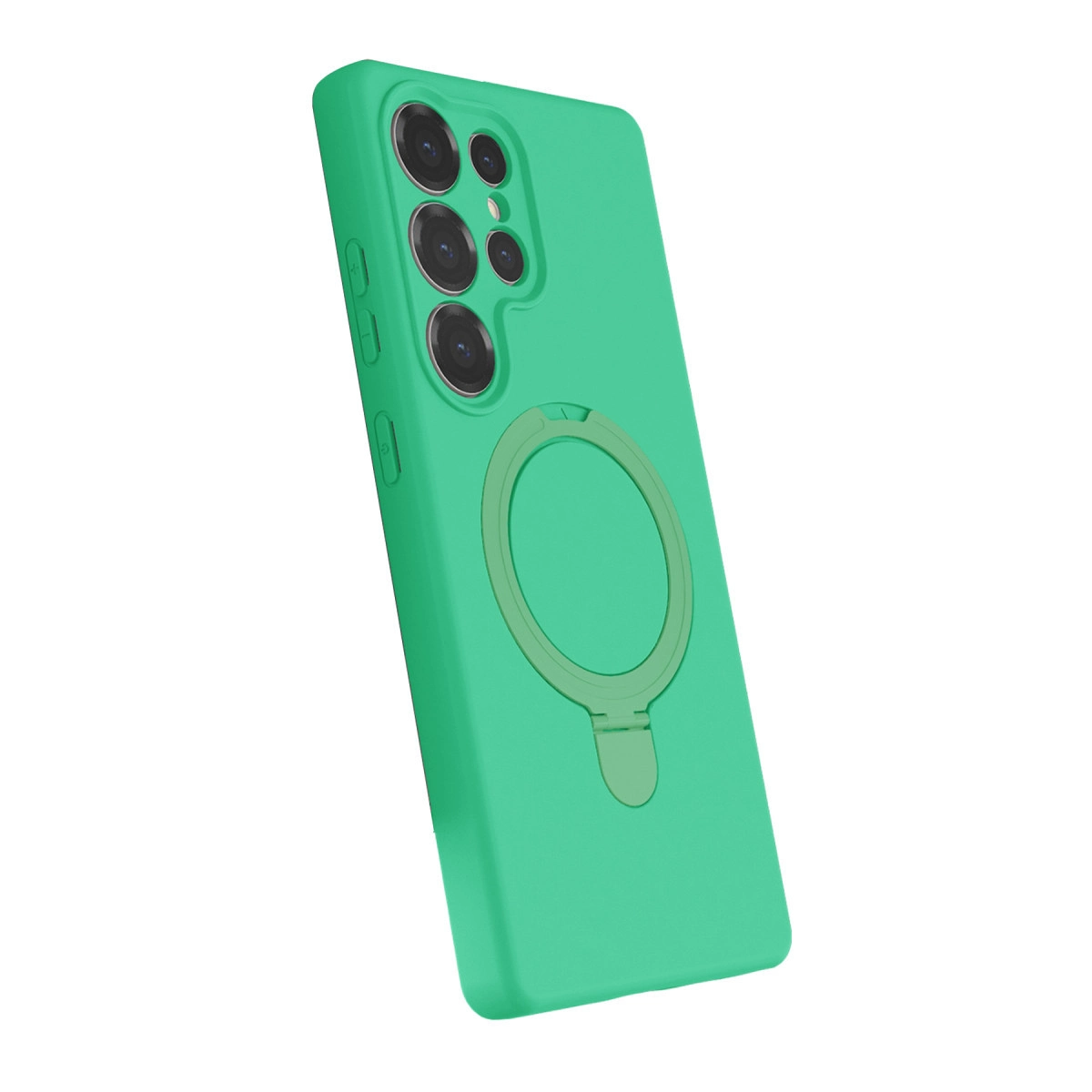 Halka tutuculu ve kamera modüllü yeşil telefon kılıfı.