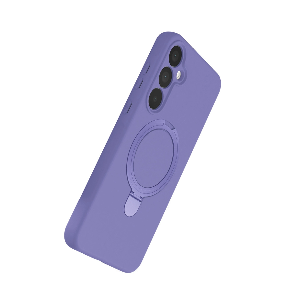 Mor renkli, halka tutuculu ve üç kamera lensli telefon kılıfı.