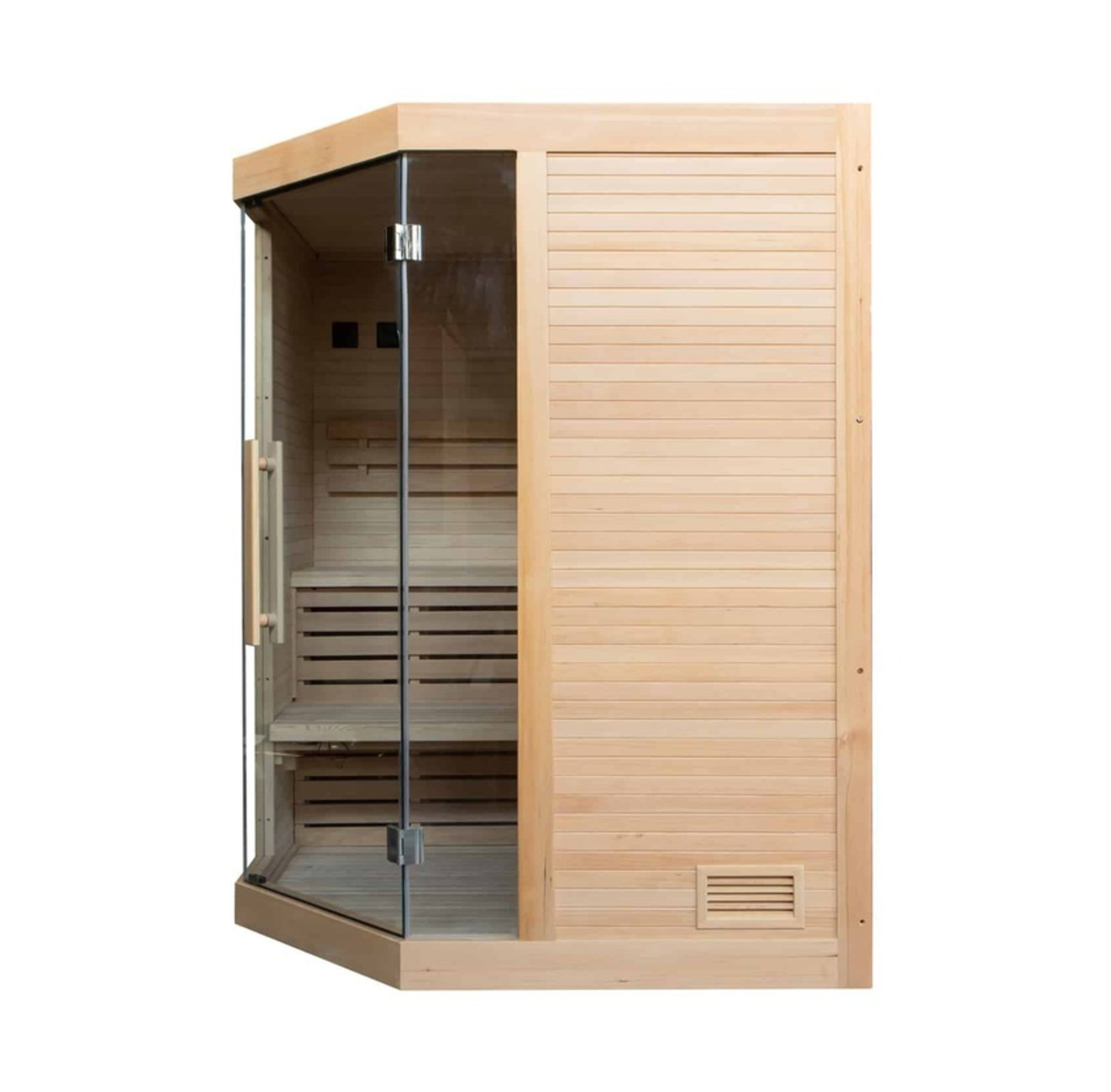Una sauna de esquina de madera con puerta de cristal y bancos.