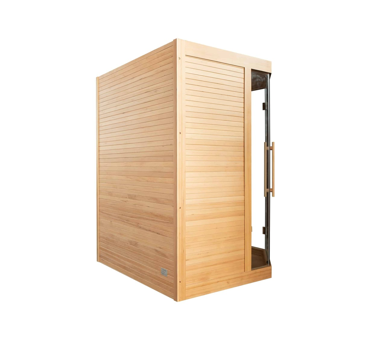 Una cabina de madera con puerta de cristal y pomo de madera, aislada sobre fondo blanco.