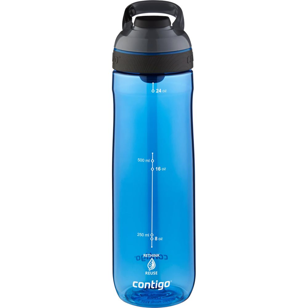 Blaue Contigo-Wasserflasche mit Messmarkierungen in Unzen und Millilitern.