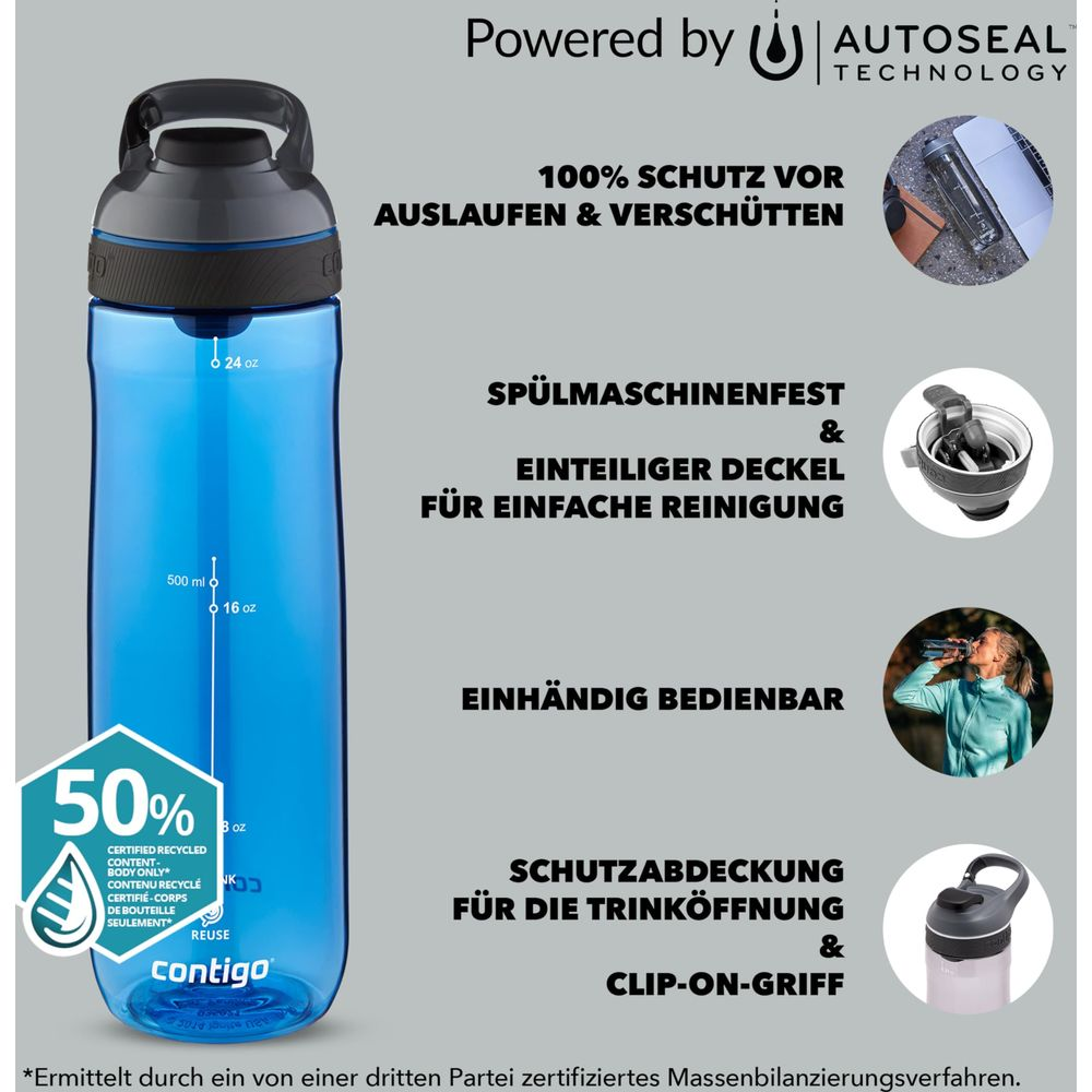 Blaue Contigo-Trinkflasche mit "Autoseal"-Technologie, 24 oz Markierung.