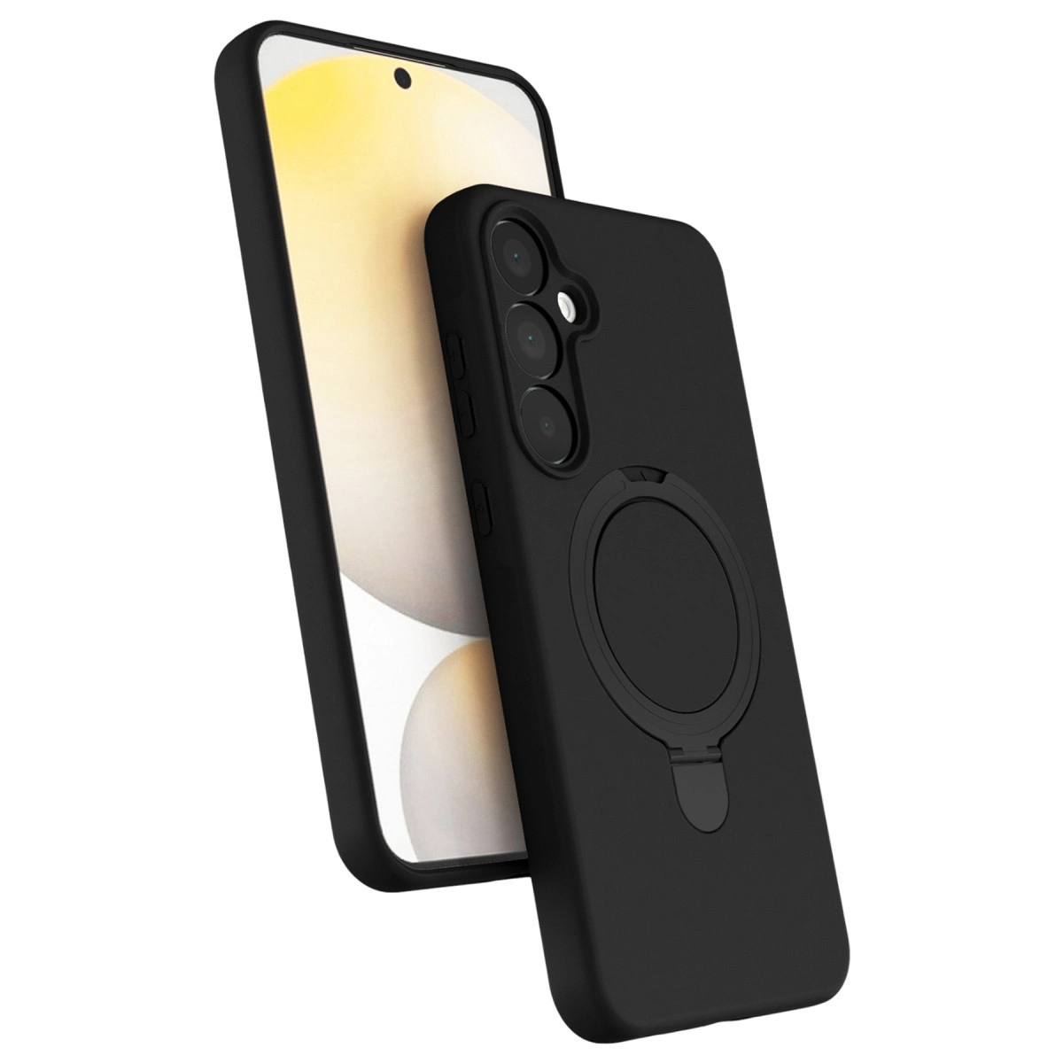 Akıllı telefonda halka stantlı siyah telefon kılıfı, beyaz arka plan.