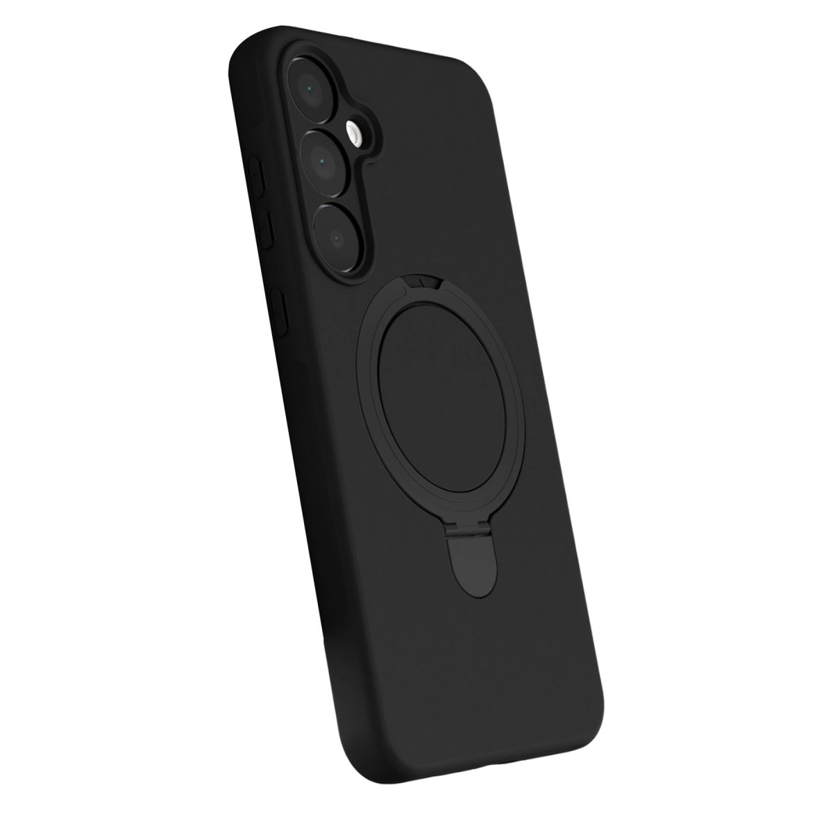 Üç kamera lensli ve halka tutuculu siyah telefon kılıfı.