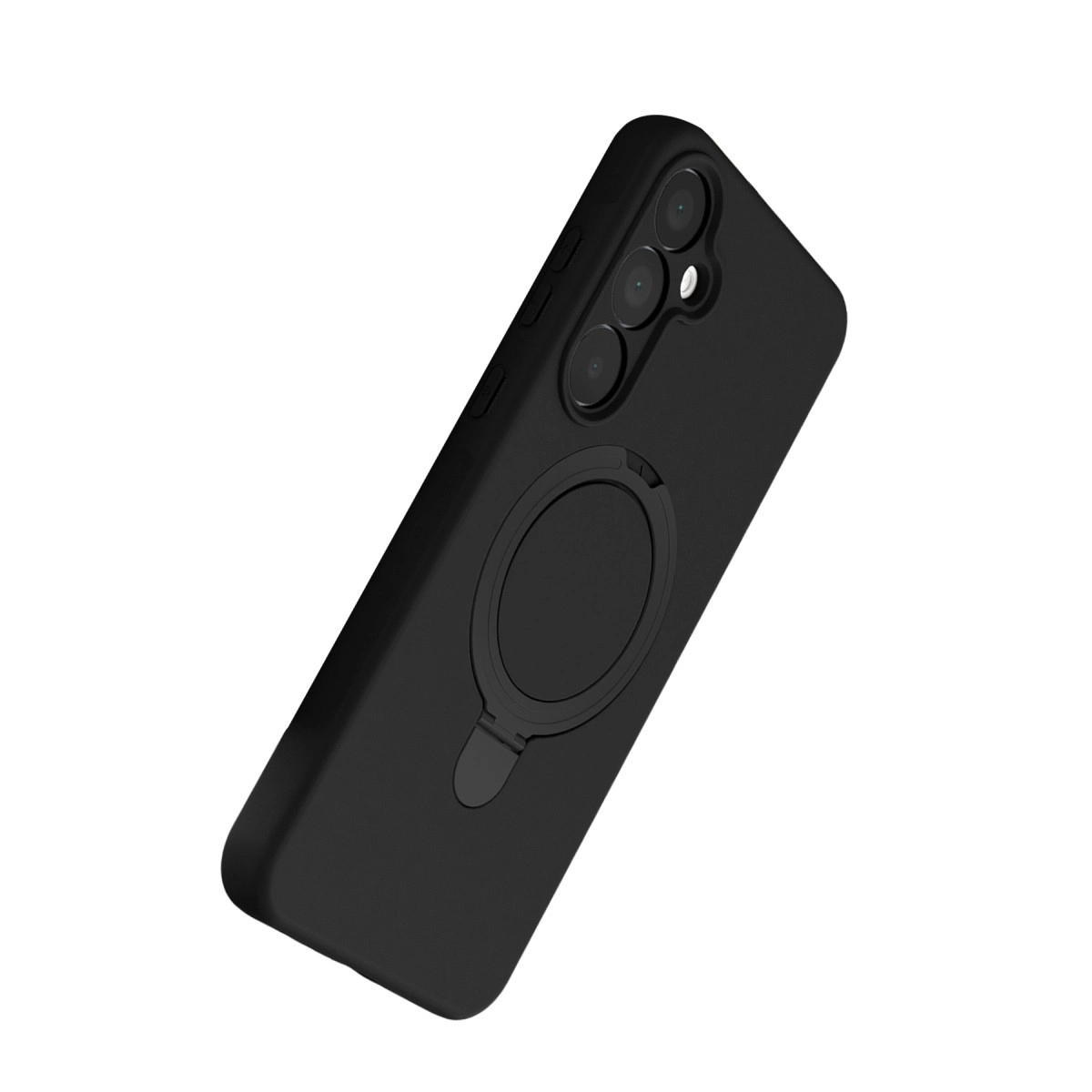 Halka tutuculu ve üç kamera lensli siyah telefon kılıfı.