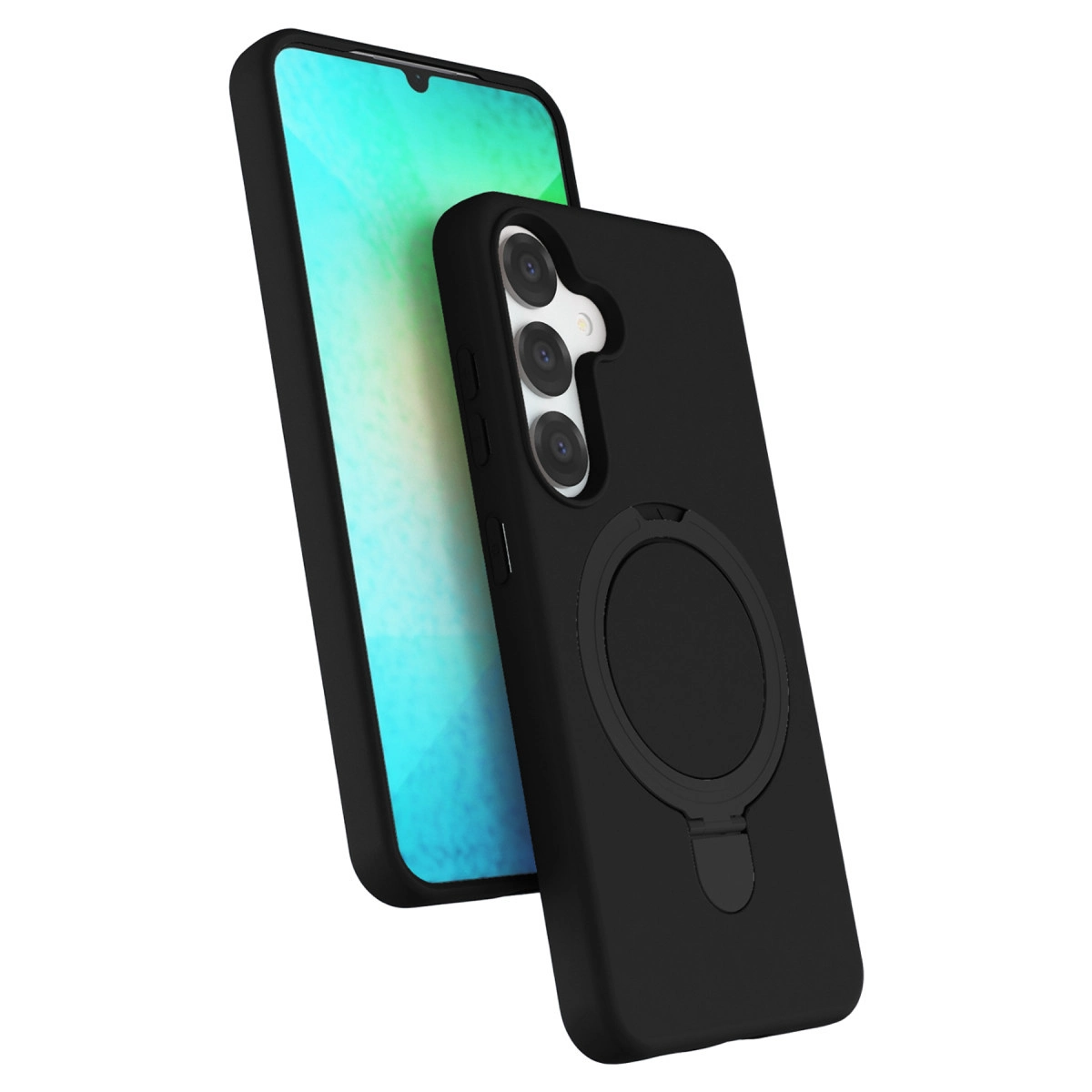 Üç kameralı ve halka tutuculu siyah telefon kılıfı, bir akıllı telefonda.