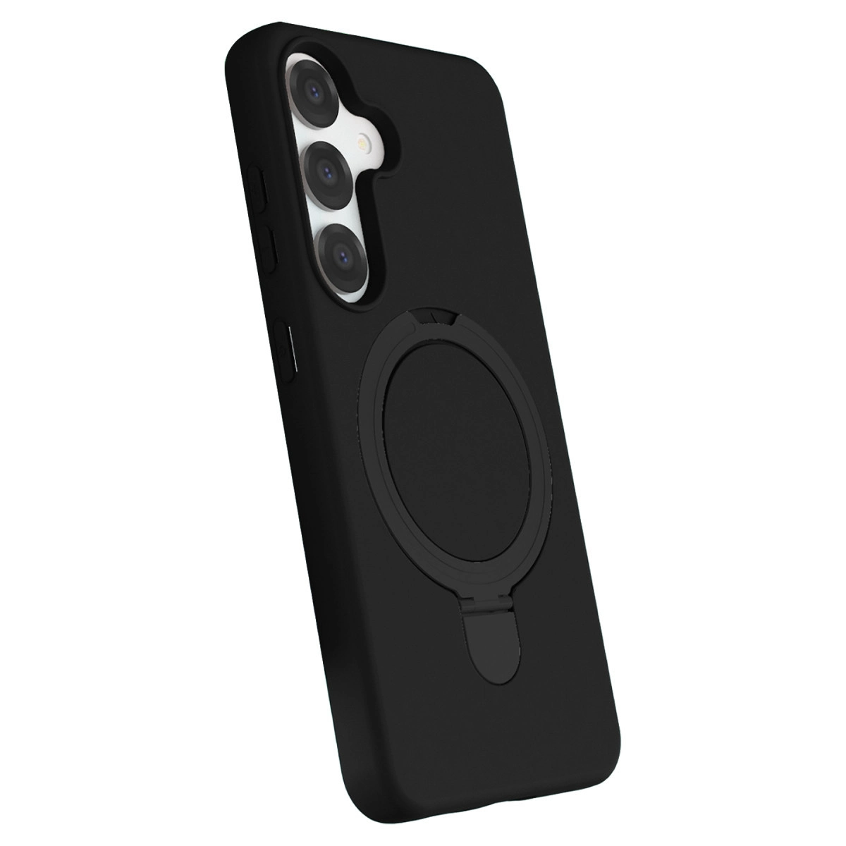 Halka tutuculu ve üç kamera lensli siyah telefon kılıfı.