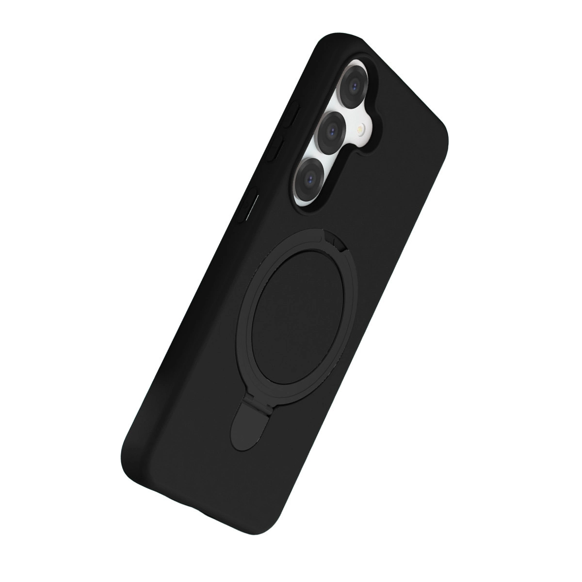 Halka tutuculu ve üç lensli siyah telefon kılıfı.