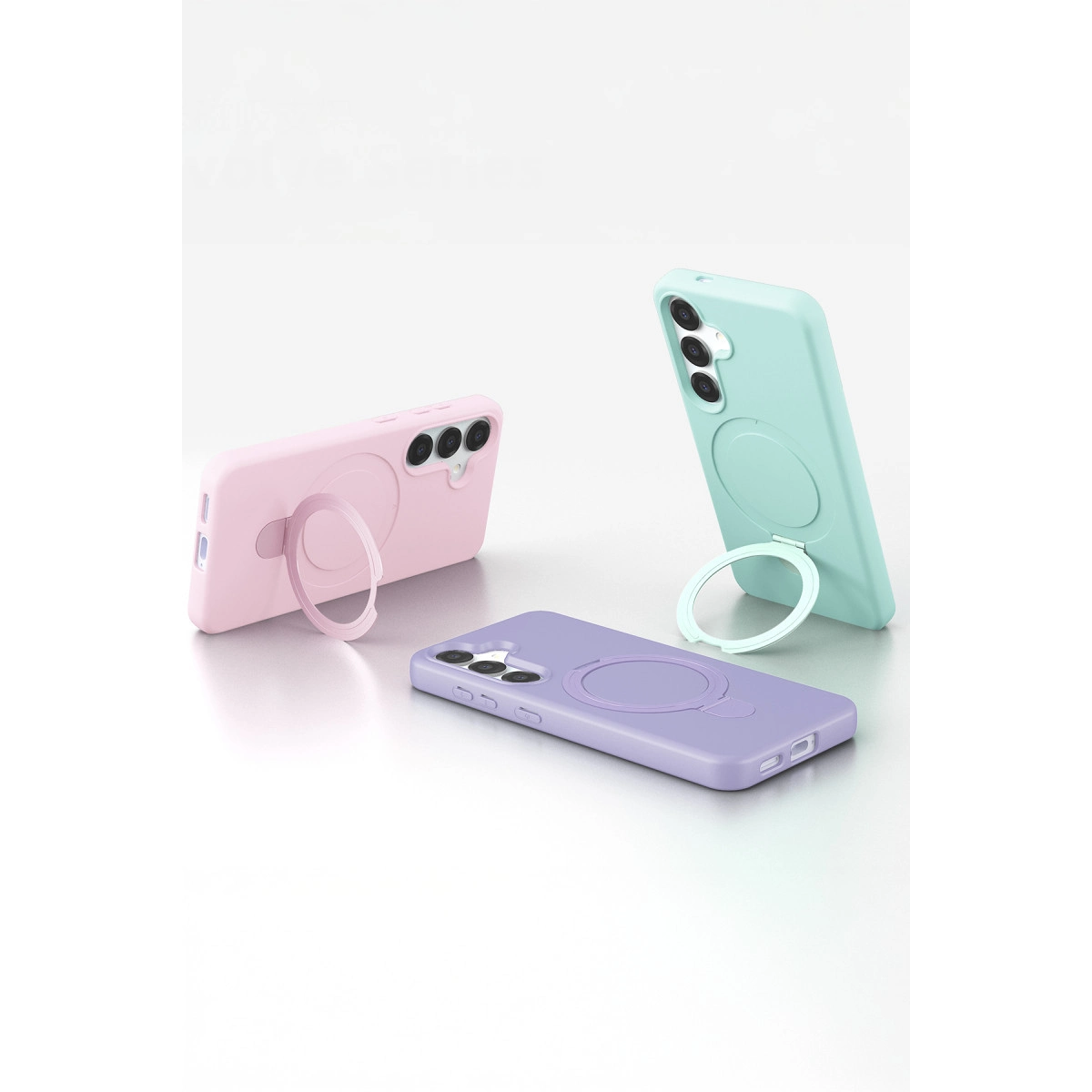 Üç pastel renkli telefon kılıfı: pembe, mor ve nane yeşili halkalı.