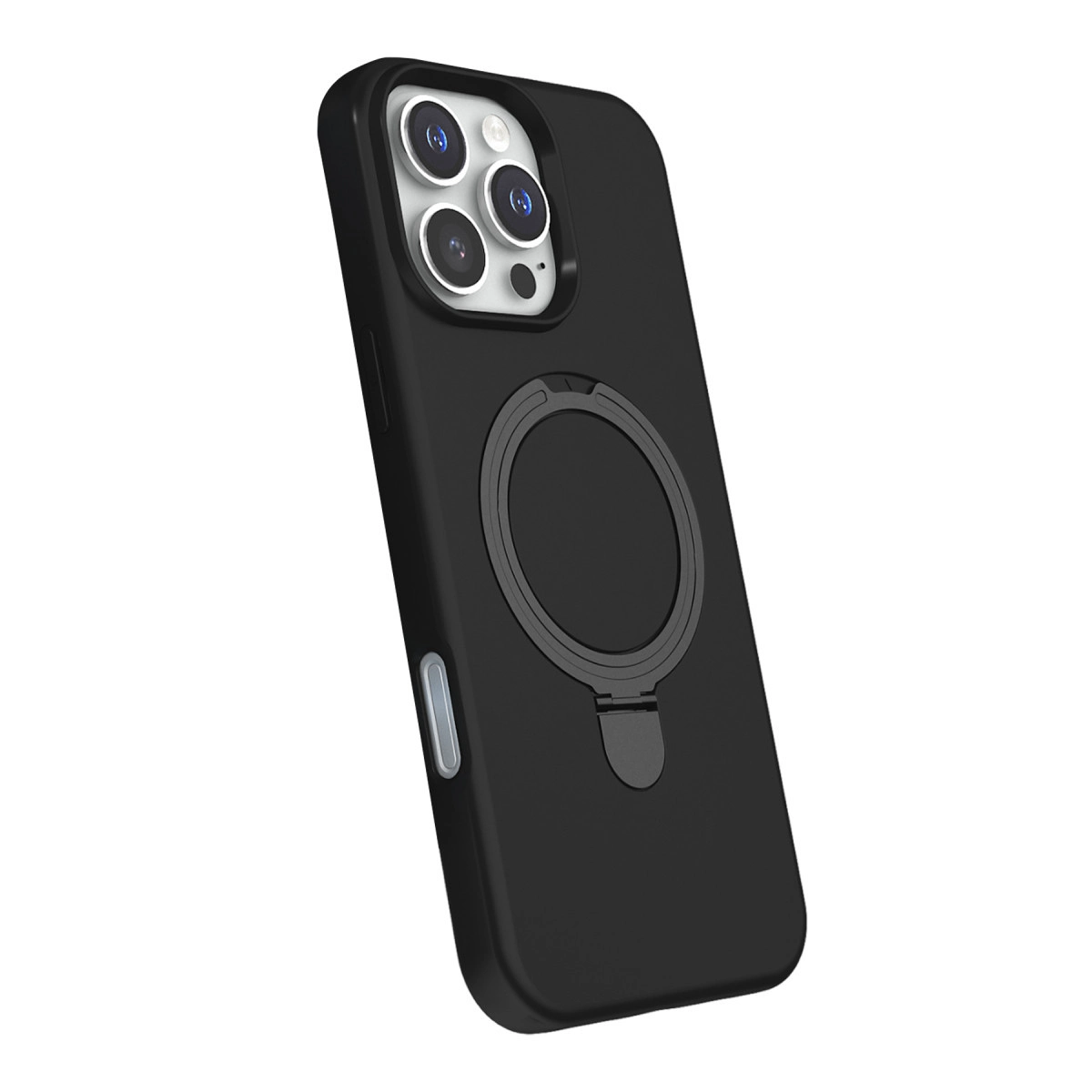 Halka tutuculu ve kamera bloklu siyah telefon kılıfı.