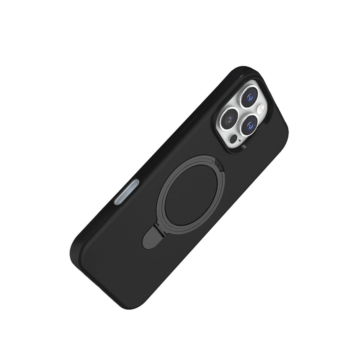 Beyaz arka plan üzerinde halka tutuculu ve kamera kesimli siyah telefon kılıfı.