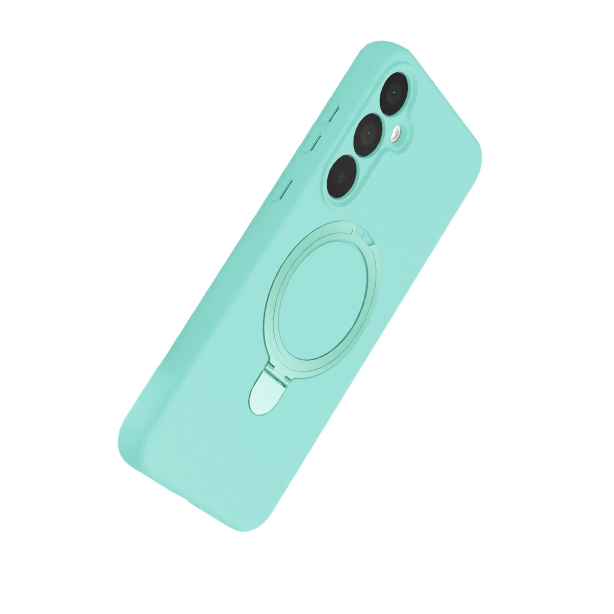 Üç kameralı ve halka tutuculu turkuaz telefon kılıfı.