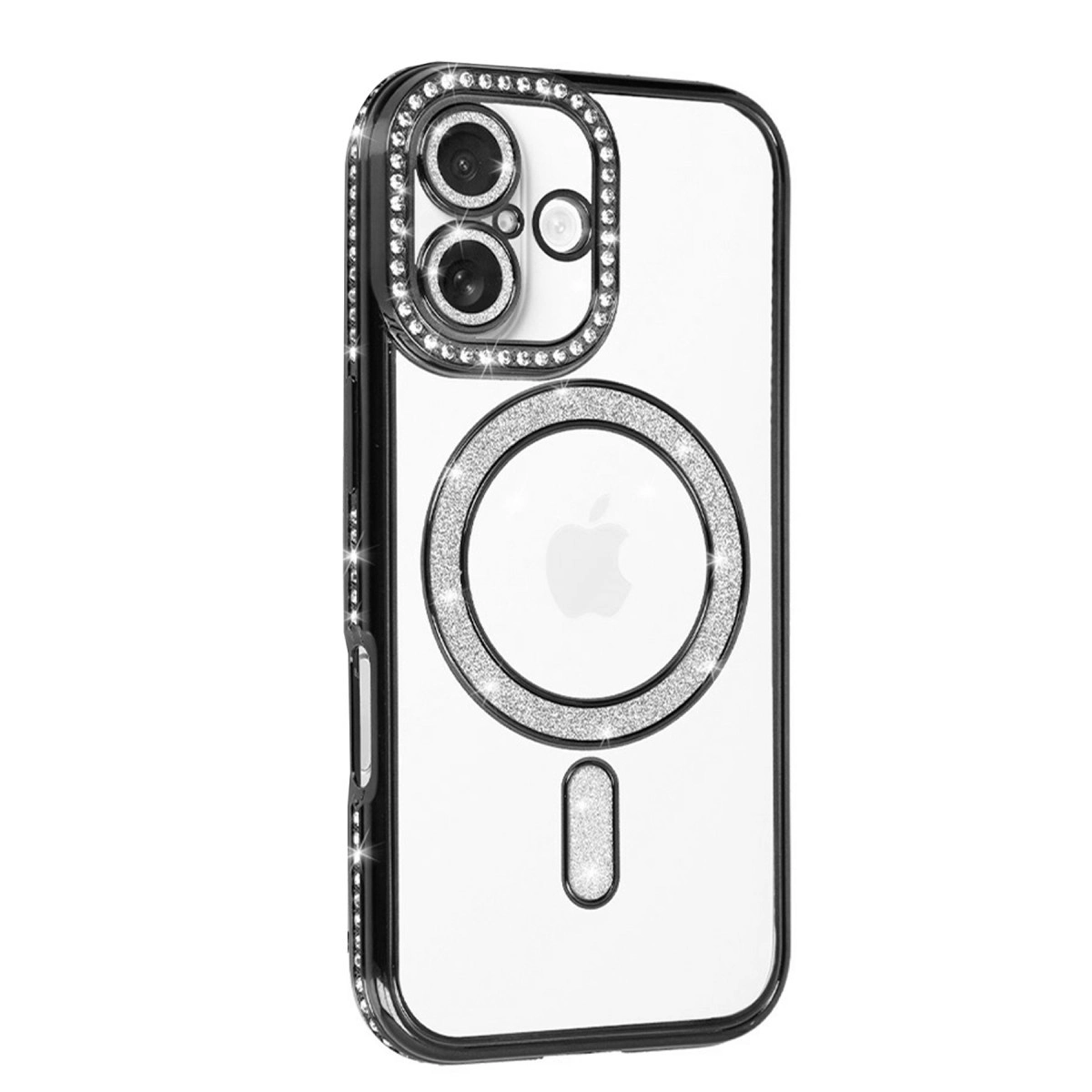 Elmas taşlı ve Apple logolu şeffaf telefon kılıfı.