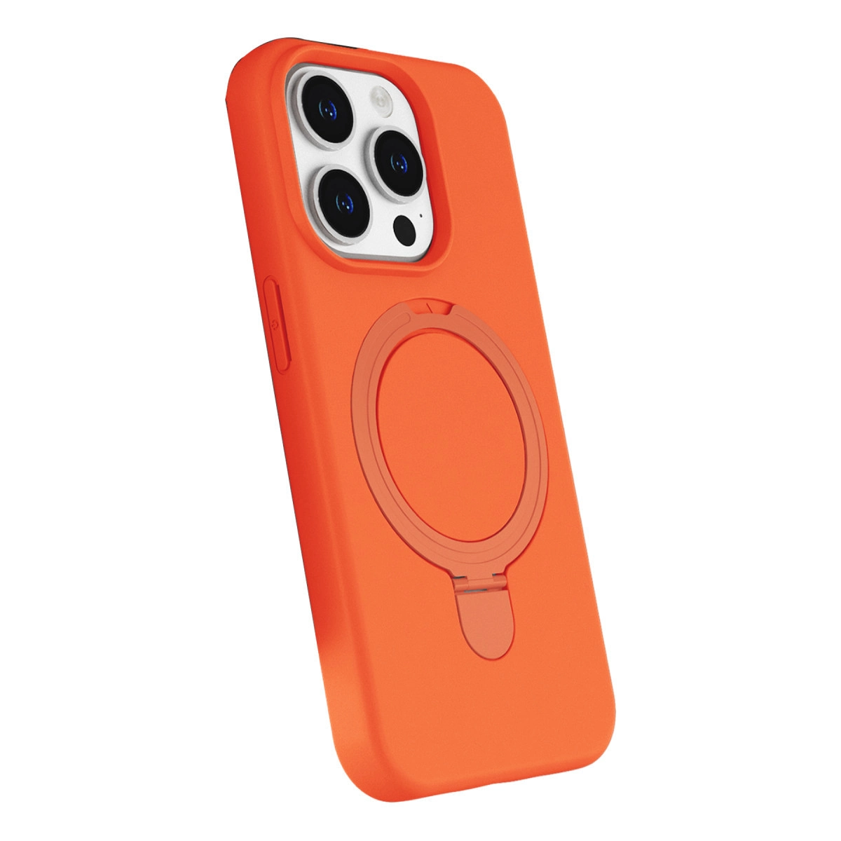 Halka standlı ve kamera modüllü turuncu telefon kılıfı.