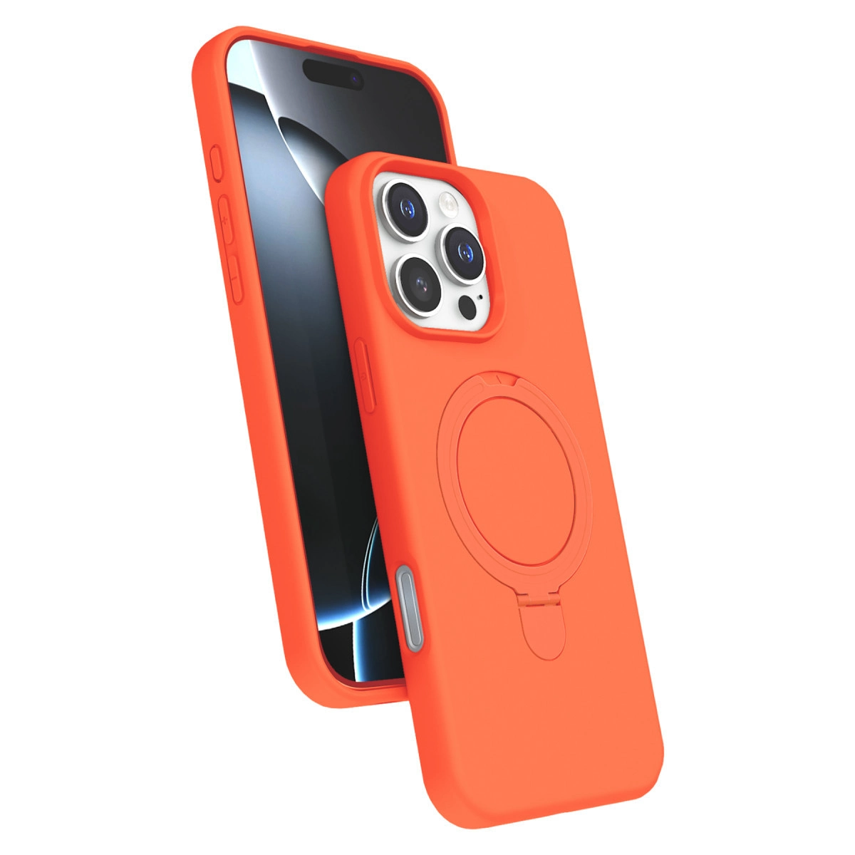 Turuncu iPhone, uyumlu kılıfı ve dairesel tutacağı ile.