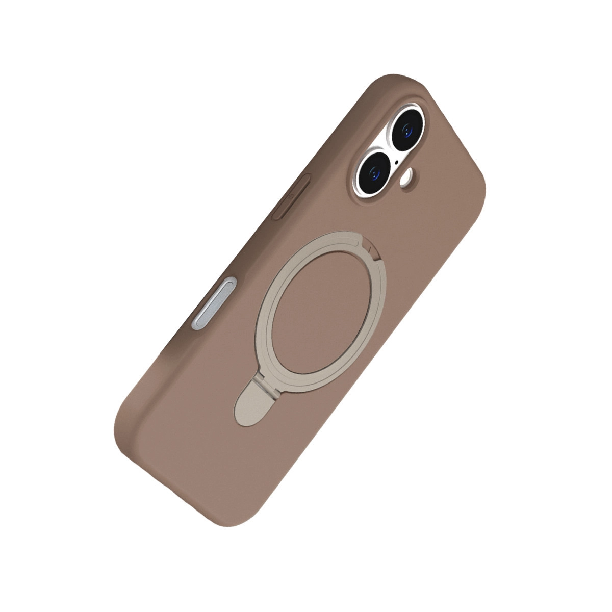 Gümüş halka tutuculu ve çift lensli kahverengi telefon kılıfı.