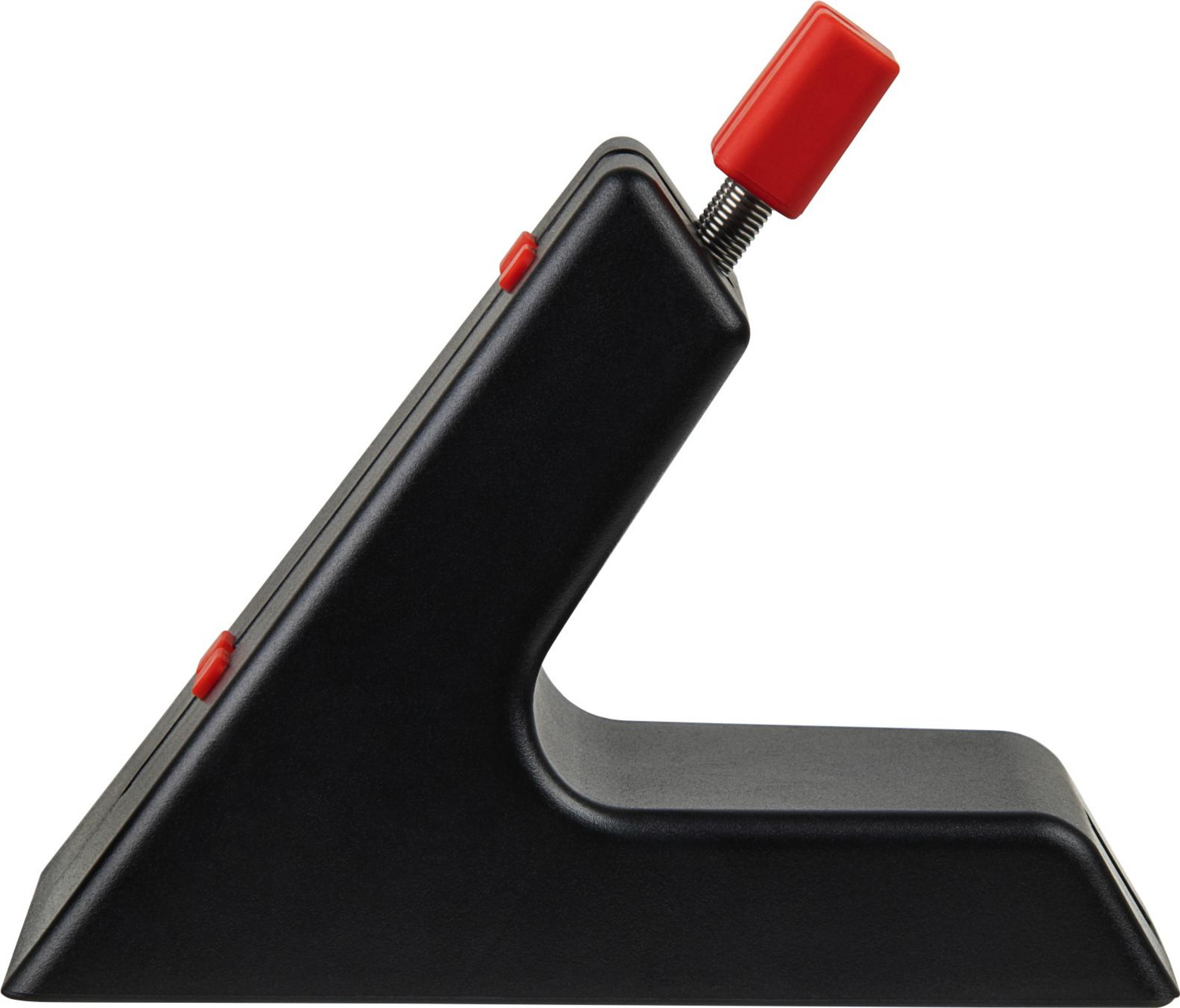 Impugnatura joystick nera con pulsante rosso e molla, su sfondo bianco.