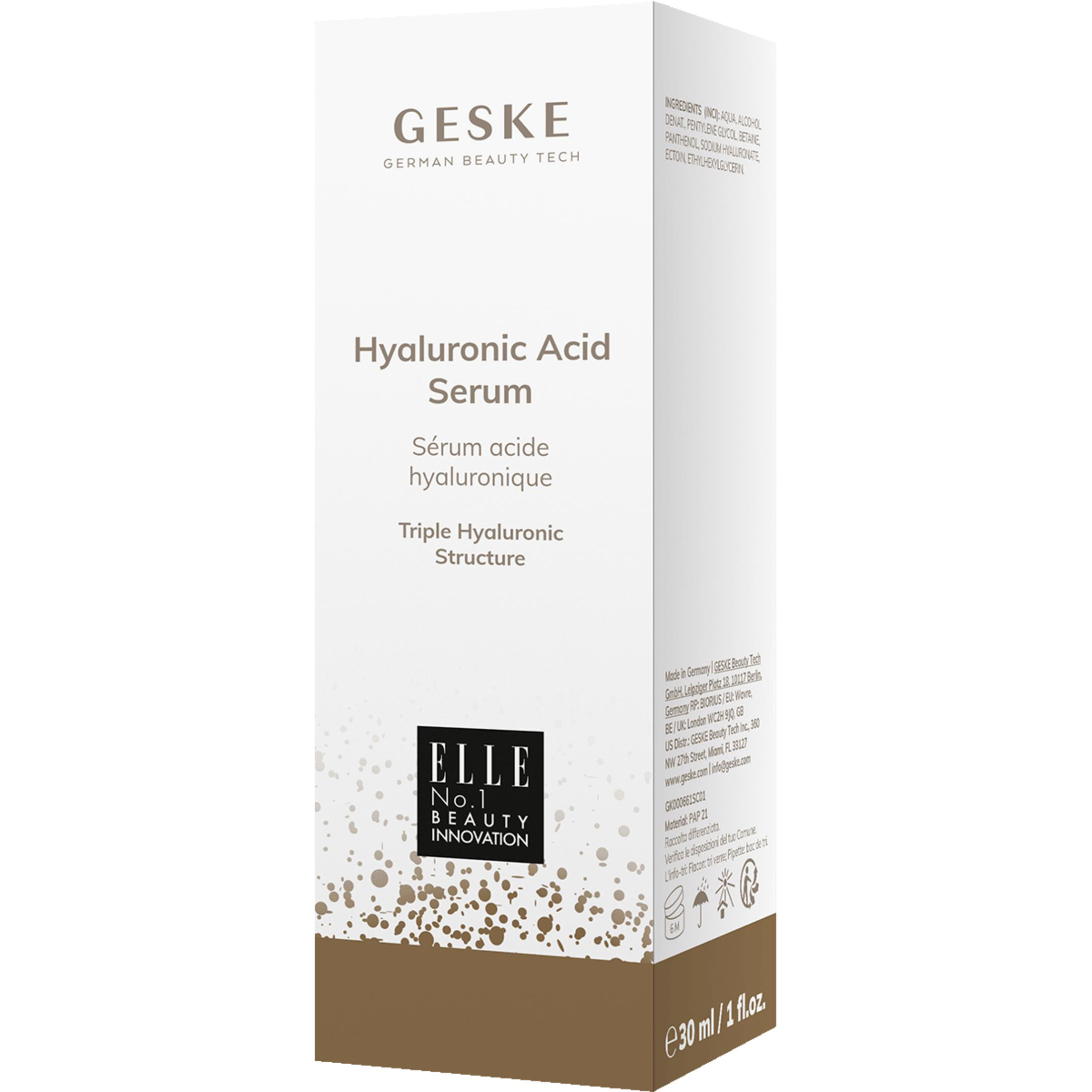 Geske Hyaluronic Acid Serum ambalajı, metin ve marka logoları ile. 30 ml.