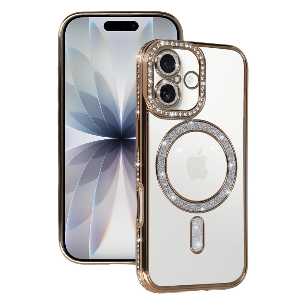 Kameraları ve Apple logosunu vurgulayan, altın rengi, taşlı iPhone kasası.