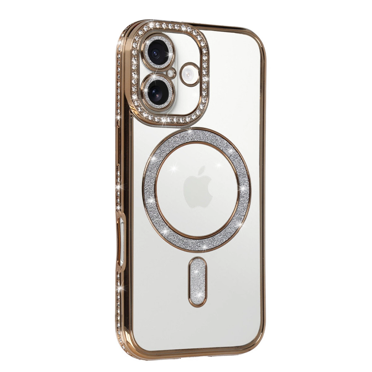 Altın renkli iPhone kılıfı, şeffaf arka, lens ve halka detaylı.