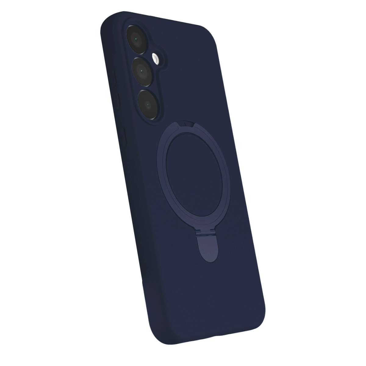 Halka tutuculu ve üç lensli koyu mavi telefon kılıfı.