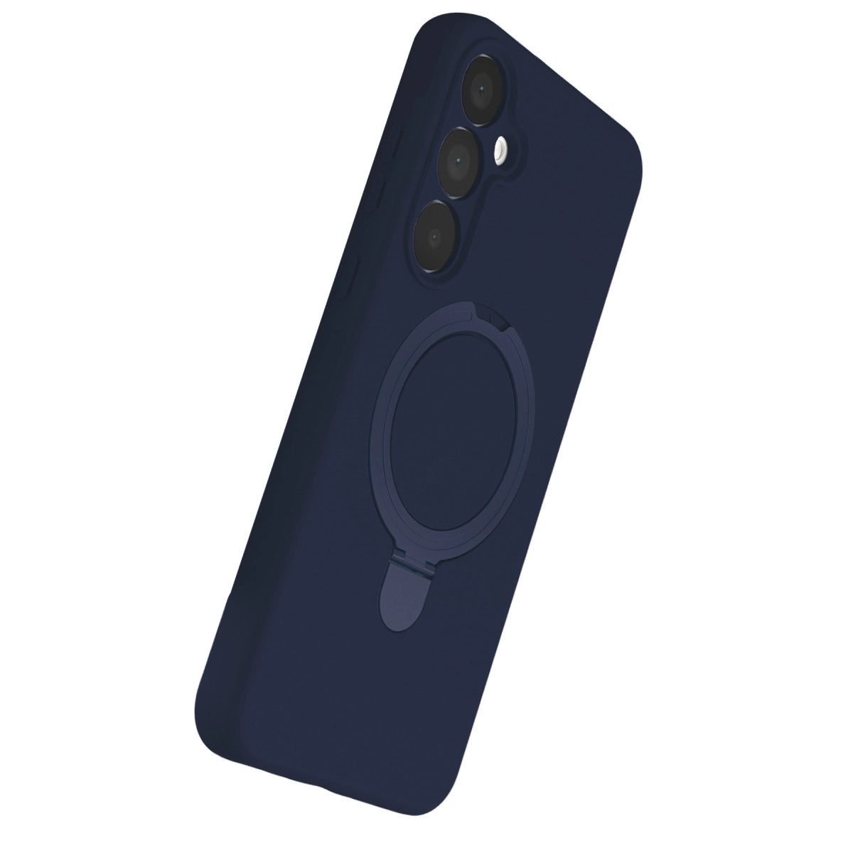 Halka tutuculu ve üç kamera lensli lacivert telefon kılıfı.