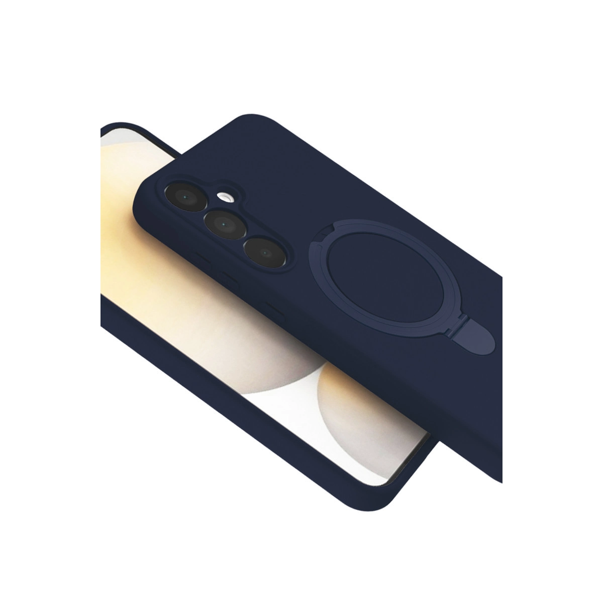 Halka tutuculu ve üç kamera lensli lacivert telefon kılıfı.