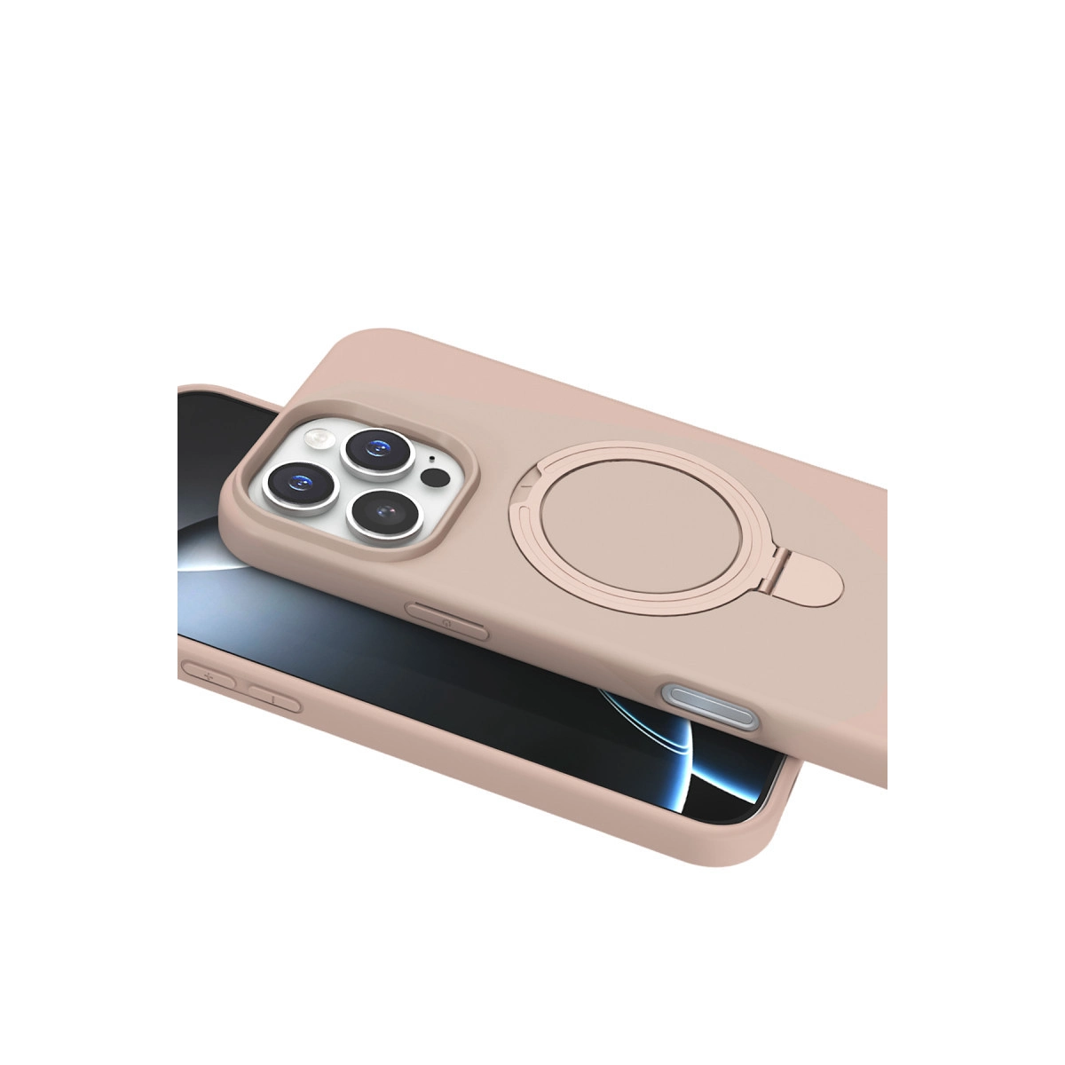 Bir telefonda halka tutuculu pembe telefon kılıfı.