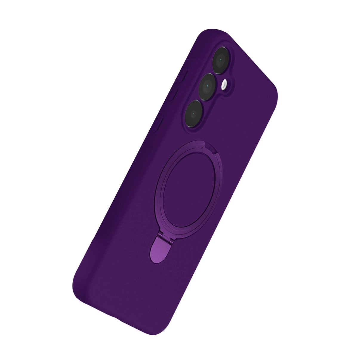 Halka tutuculu ve üçlü kamera kesimli mor telefon kılıfı.