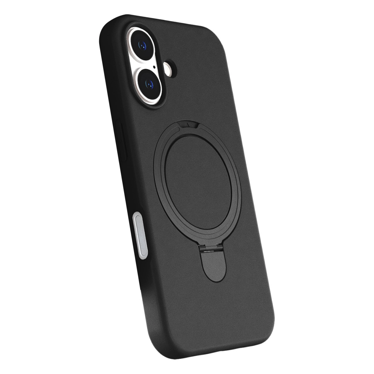 Siyah telefon kılıfı, halka tutucu ve kamera açıklığı, beyaz arka plan üzerinde.