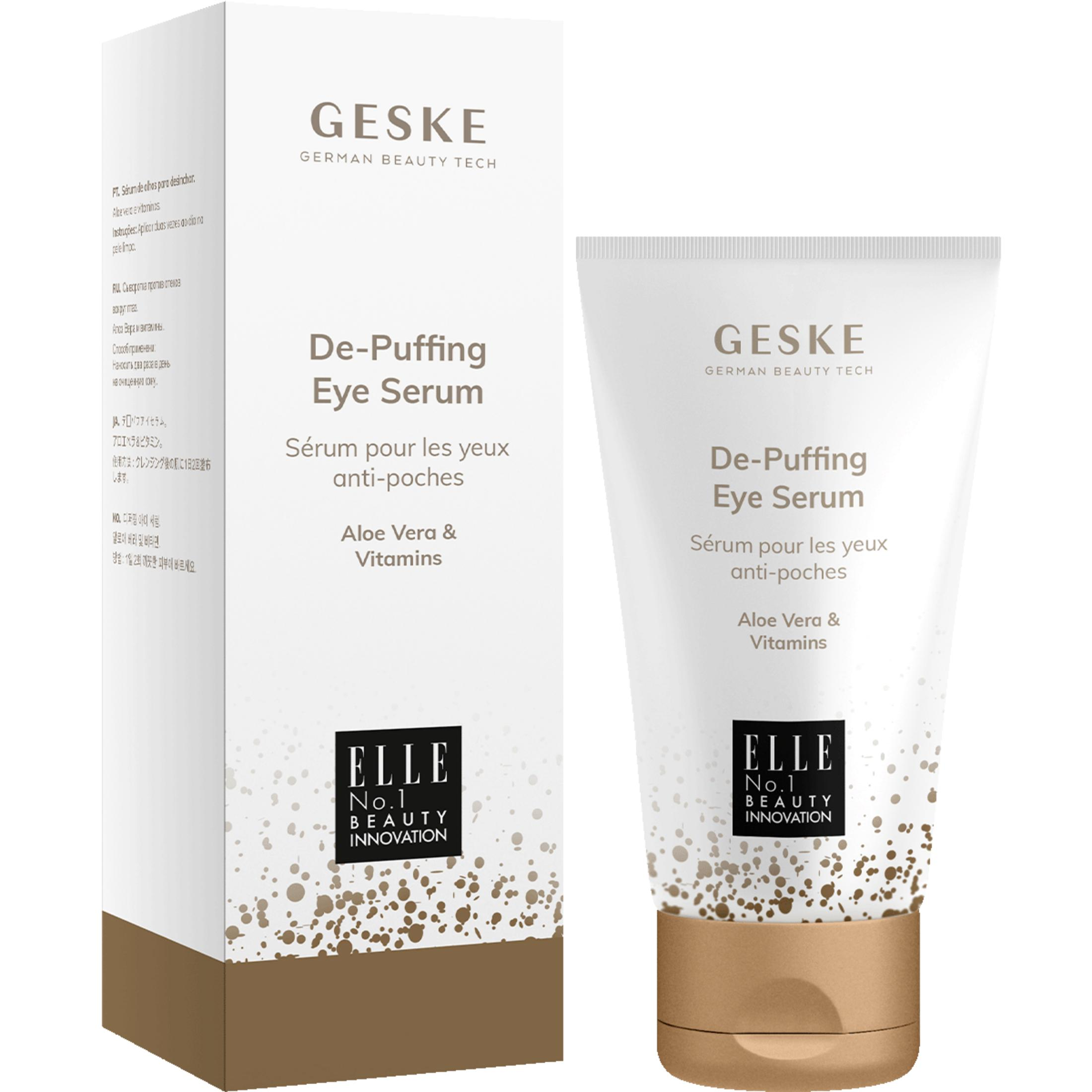 Geske Göz Serumu, Aloe Vera ve Vitaminler içeren beyaz kutu ve tüp içinde.