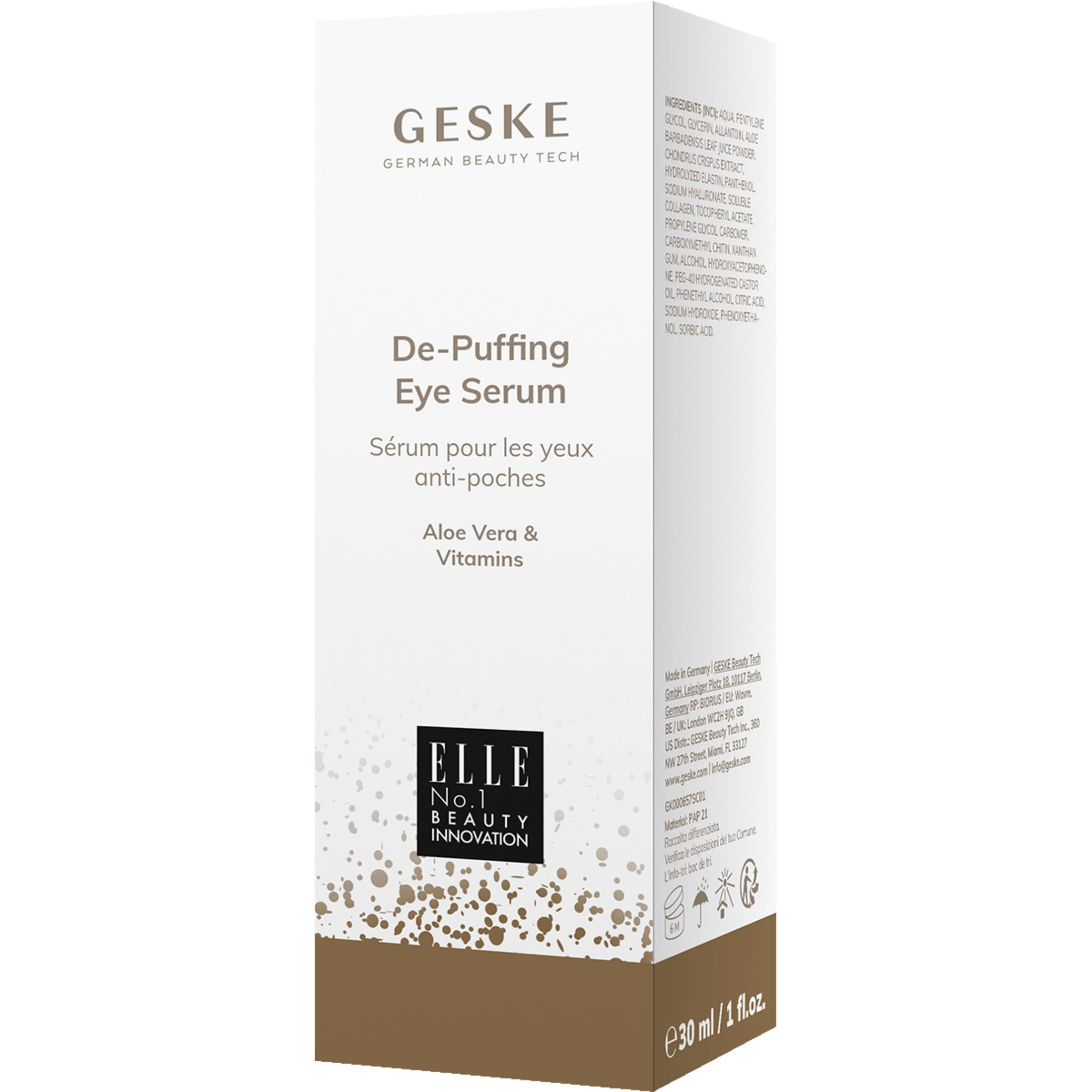 Geske logolu, Aloe Vera & Vitaminli göz serumu için beyaz ambalaj.