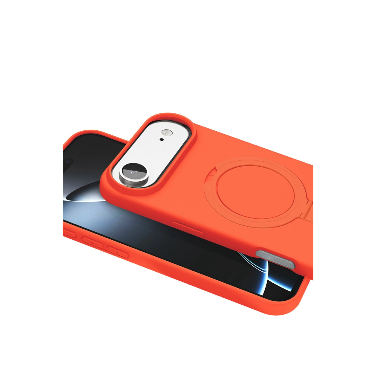 Telefonda kamera yuvalı turuncu telefon kılıfı.