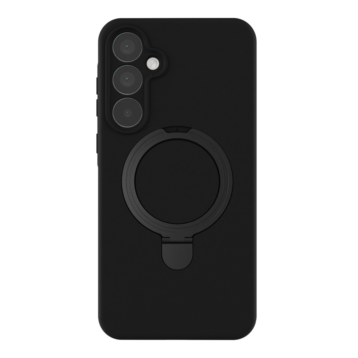 Halka tutuculu ve üç kamera lensli siyah telefon kılıfı.