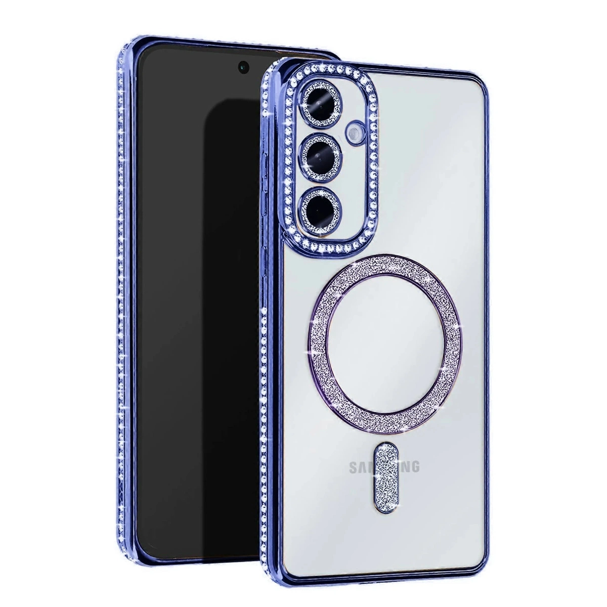 Mavi ve gümüş rengi taşlarla süslenmiş şeffaf telefon kılıfı.
